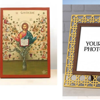 Εικόνα Ορθοδοξίας Πολυτελείας  με  σχεδιο Σταυρούς μαζι με  Βάση σε  8 χρώματα με περίγραμμα χρυσό σε ξύλο Plywood (Πλακάζ)   με  βάση Ο Ιησούς Χριστός με τους Αποστόλους στο Αμπέλου "Άμπελος", Ξύλινη Χειροποίητη Εικόνα με Φύλλο Χρυσού Ελληνικού Βυζαντινού Στυλ Κρεμαστή σε Πλάκα Χειροποίητη Ελληνορθόδοξη εικόνα του Ιησού Χριστού, Κρεμαστή πλάκα βυζαντινής τέχνης, χριστιανική τέχνη Διάσταση 15x11 cm (5,9 x 4,3 ίντσες)  INTRAEK3kadro3211-610917 - Image 1