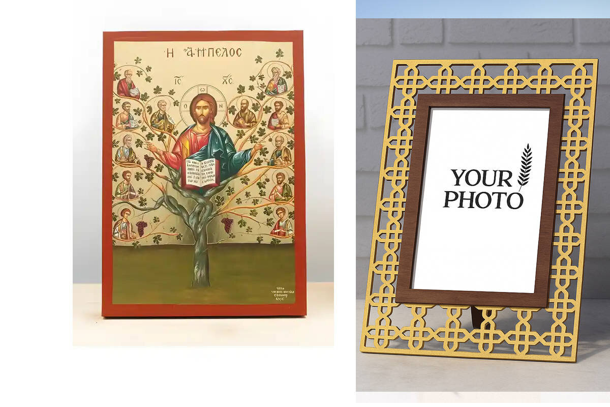 Εικόνα Ορθοδοξίας Πολυτελείας  με  σχεδιο Σταυρούς μαζι με  Βάση σε  8 χρώματα με περίγραμμα χρυσό σε ξύλο Plywood (Πλακάζ)   με  βάση Ο Ιησούς Χριστός με τους Αποστόλους στο Αμπέλου "Άμπελος", Ξύλινη Χειροποίητη Εικόνα με Φύλλο Χρυσού Ελληνικού Βυζαντινού Στυλ Κρεμαστή σε Πλάκα Χειροποίητη Ελληνορθόδοξη εικόνα του Ιησού Χριστού, Κρεμαστή πλάκα βυζαντινής τέχνης, χριστιανική τέχνη Διάσταση 15x11 cm (5,9 x 4,3 ίντσες)  INTRAEK3kadro3211-610917