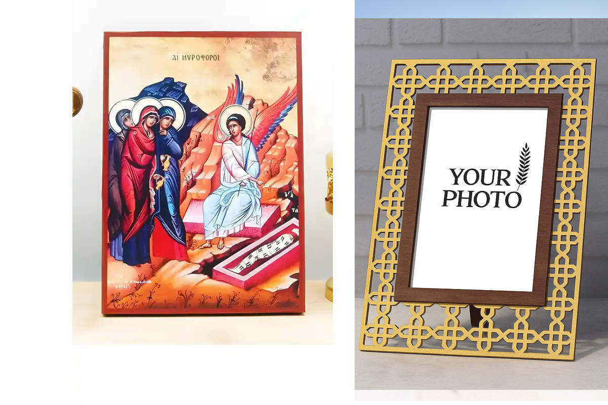 Εικόνα Ορθοδοξίας Πολυτελείας  με  σχεδιο Σταυρούς μαζι με  Βάση σε  8 χρώματα με περίγραμμα χρυσό σε ξύλο Plywood (Πλακάζ)   με  βάση Μυροφόρα, Ξύλινη Χειροποίητη Εικόνα Ελληνικού Premium Βυζαντινού Στυλ Κρεμασμένο σε ξύλινη πλάκα Ορθόδοξο Θρησκευτικό Θέμα Χειροποίητη Ελληνορθόδοξη εικόνα του Ιησού Χριστού, Κρεμαστή πλάκα βυζαντινής τέχνης, χριστιανική τέχνη Διάσταση 10x7 cm (3,9 x 2,8 ίντσες)  INTRAEK3kadro3211-10916