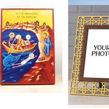 Εικόνα Ορθοδοξίας Πολυτελείας  με  σχεδιο Σταυρούς μαζι με  Βάση σε  8 χρώματα με περίγραμμα χρυσό σε ξύλο Plywood (Πλακάζ)   με  βάση Η εμφάνιση του Ιησού Χριστού στους Αποστόλους δίπλα στη Θάλασσα της Τιβεριάδας, Ξύλινη Χειροποίητη Εικόνα Ελληνικής Βυζαντινής Στυλ Κρεμαστή Χειροποίητη Ελληνορθόδοξη εικόνα του Ιησού Χριστού, Κρεμαστή πλάκα βυζαντινής τέχνης, χριστιανική τέχνη Διάσταση 10x7 cm (3,9 x 2,8 ίντσες)  INTRAEK3kadro3211-10915 - Image 1