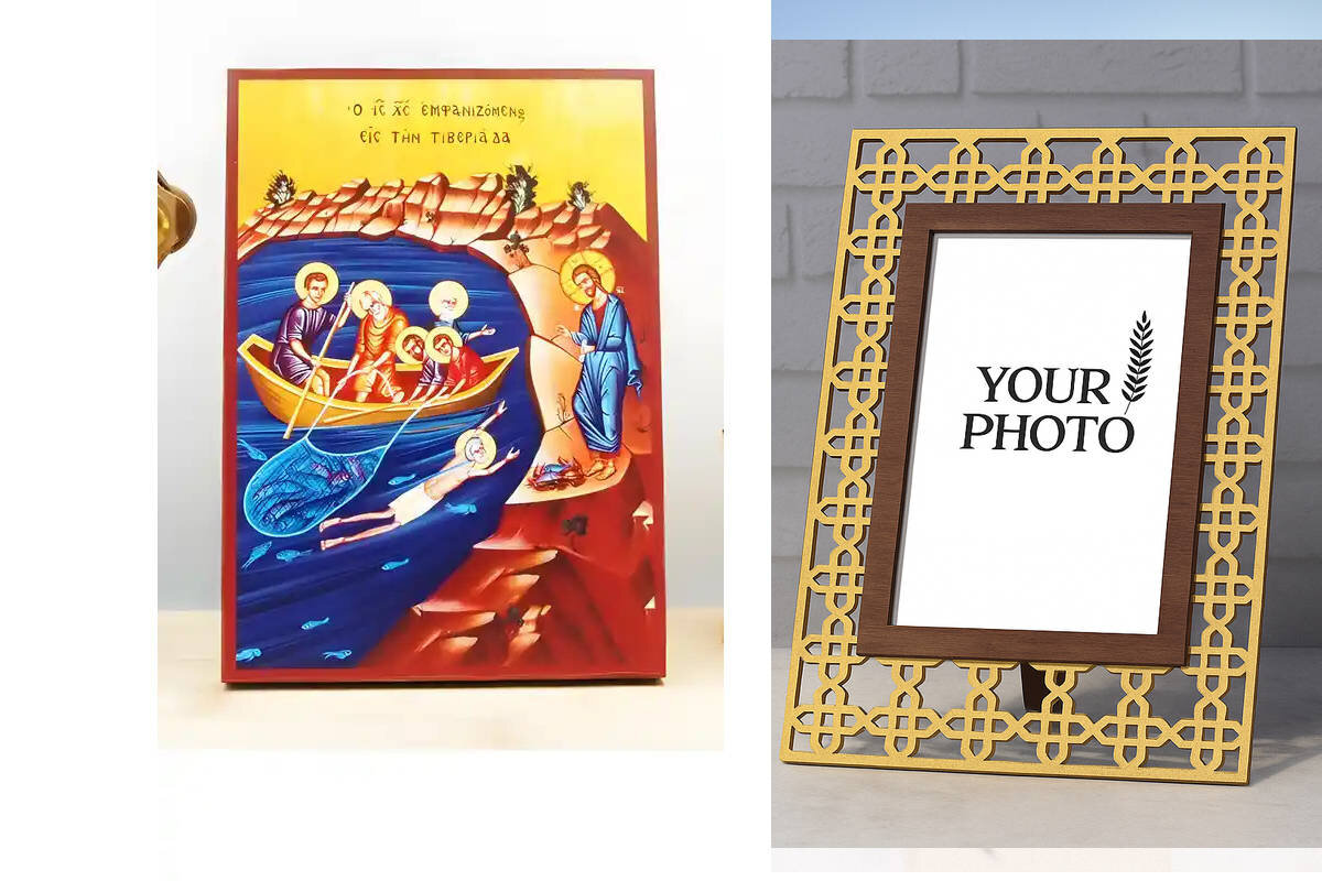 Εικόνα Ορθοδοξίας Πολυτελείας  με  σχεδιο Σταυρούς μαζι με  Βάση σε  8 χρώματα με περίγραμμα χρυσό σε ξύλο Plywood (Πλακάζ)   με  βάση Η εμφάνιση του Ιησού Χριστού στους Αποστόλους δίπλα στη Θάλασσα της Τιβεριάδας, Ξύλινη Χειροποίητη Εικόνα Ελληνικής Βυζαντινής Στυλ Κρεμαστή Χειροποίητη Ελληνορθόδοξη εικόνα του Ιησού Χριστού, Κρεμαστή πλάκα βυζαντινής τέχνης, χριστιανική τέχνη Διάσταση 15x11 cm (5,9 x 4,3 ίντσες)  INTRAEK3kadro3211-610915