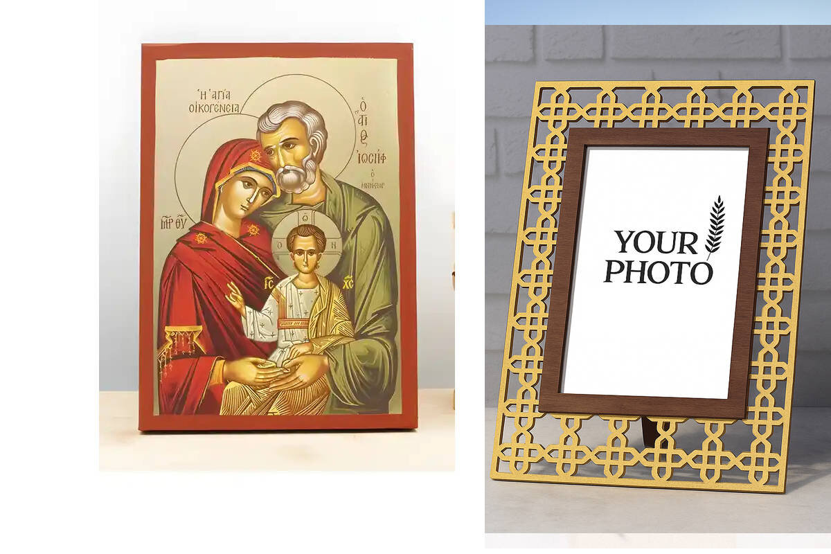 Εικόνα Ορθοδοξίας Πολυτελείας  με  σχεδιο Σταυρούς μαζι με  Βάση σε  8 χρώματα με περίγραμμα χρυσό σε ξύλο Plywood (Πλακάζ)   με  βάση Αγία Αγία Οικογένεια, Ξύλινη Χειροποίητη Εικόνα με Ψηφιακή Εκτύπωση Ελληνικό Premium Βυζαντινού Στυλ Κρεμασμένο σε ξύλινη πλάκα Θρησκευτικό θέμα Χειροποίητη Ελληνορθόδοξη εικόνα του Ιησού Χριστού, Κρεμαστή πλάκα βυζαντινής τέχνης, χριστιανική τέχνη Διάσταση 10x7 cm (3,9 x 2,8 ίντσες)  INTRAEK3kadro3211-10914