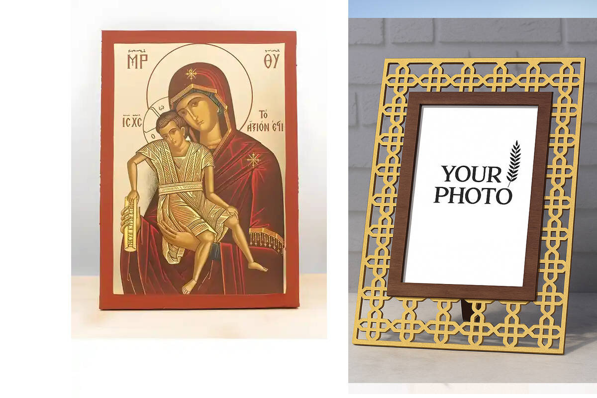 Εικόνα Ορθοδοξίας Πολυτελείας  με  σχεδιο Σταυρούς μαζι με  Βάση σε  8 χρώματα με περίγραμμα χρυσό σε ξύλο Plywood (Πλακάζ)   με  βάση Παναγία Άξιον Εστί με τον Ιησού, Ξύλινη Χειροποίητη Εικόνα με Ψηφιακή Εκτύπωση Ελληνικό Premium Βυζαντινού Στυλ Κρεμαστό τοίχου Θρησκευτικό Θέμα Χειροποίητη Ελληνορθόδοξη εικόνα του Ιησού Χριστού, Κρεμαστή πλάκα βυζαντινής τέχνης, χριστιανική τέχνη Διάσταση 10x7 cm (3,9 x 2,8 ίντσες)  INTRAEK3kadro3211-10912