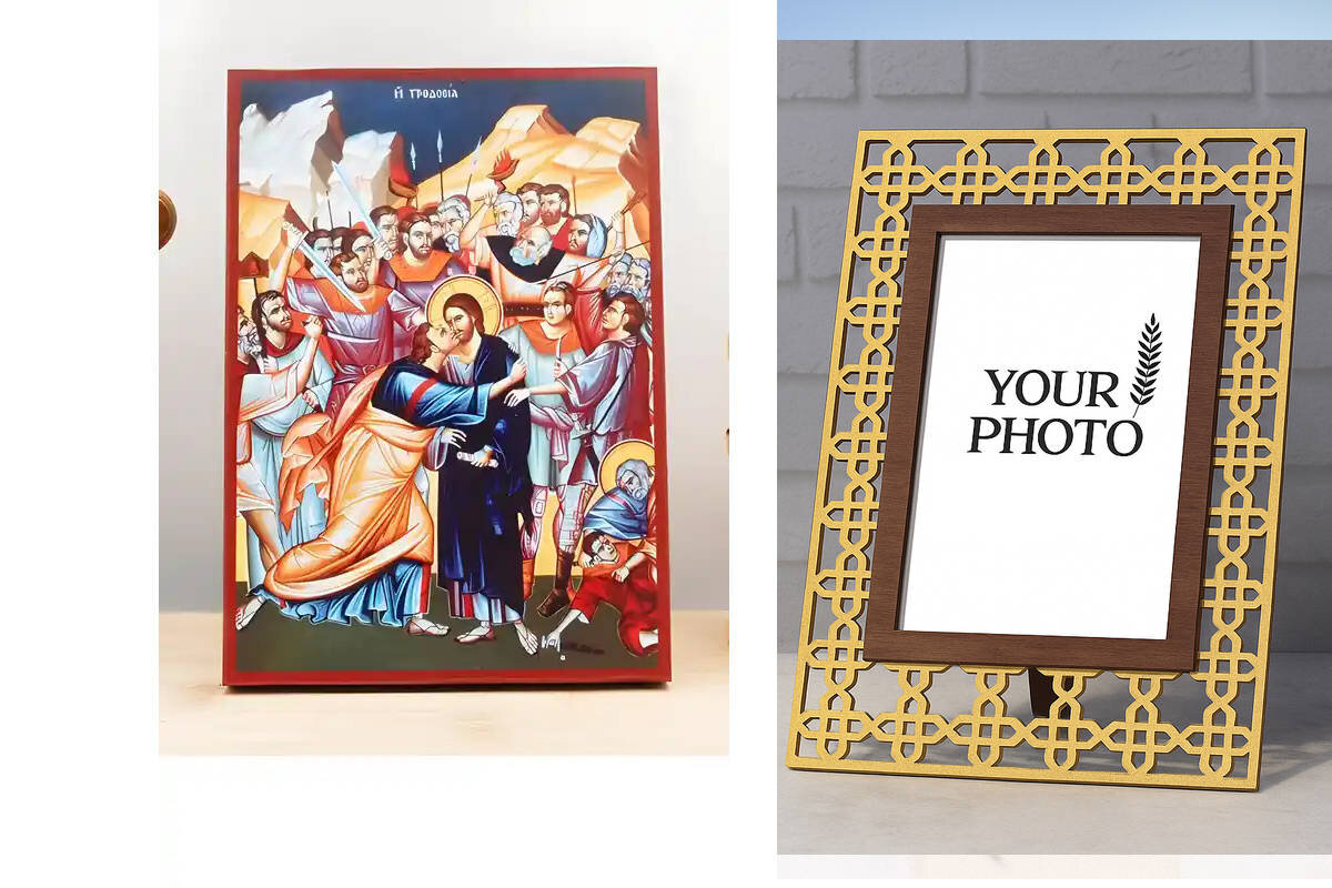 Εικόνα Ορθοδοξίας Πολυτελείας  με  σχεδιο Σταυρούς μαζι με  Βάση σε  8 χρώματα με περίγραμμα χρυσό σε ξύλο Plywood (Πλακάζ)   με  βάση Η Προδοσία του Ιησού Χριστού με τους Αποστόλους, Ξύλινη Χειροποίητη Εικόνα Ελληνικού Premium Βυζαντινού Στυλ Κρεμασμένο σε ξύλινη πλάκα Θρησκευτικό θέμα Χειροποίητη Ελληνορθόδοξη εικόνα του Ιησού Χριστού, Κρεμαστή πλάκα βυζαντινής τέχνης, χριστιανική τέχνη Διάσταση 10x7 cm (3,9 x 2,8 ίντσες)  INTRAEK3kadro3211-10911