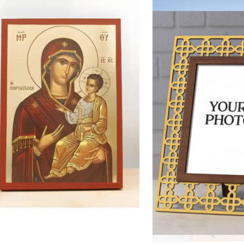 Εικόνα Ορθοδοξίας Πολυτελείας με σχεδιο Σταυρούς μαζι με Βάση σε 8 χρώματα με περίγραμμα χρυσό σε ξύλο Plywood (Πλακάζ) με βάση Παναγία Οδηγήτρια «Πορταΐτισσα» με τον Ιησού, Ξύλινη Χειροποίητη Εικόνα με Φύλλο Χρυσού Ελληνικού Premium Βυζαντινού Στυλ Επιτοίχια Θρησκευτικά Χειροποίητη Ελληνορθόδοξη εικόνα του Ιησού Χριστού, Κρεμαστή πλάκα βυζαντινής τέχνης, χριστιανική τέχνη Διάσταση 10x7 cm (3,9 x 2,8 ίντσες) INTRAEK3kadro3211-10910 - Image 1