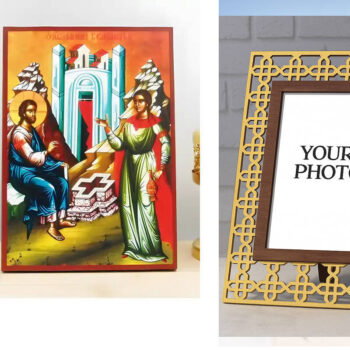 Εικόνα Ορθοδοξίας Πολυτελείας  με  σχεδιο Σταυρούς μαζι με  Βάση σε  8 χρώματα με περίγραμμα χρυσό σε ξύλο Plywood (Πλακάζ)   με  βάση Ο Ιησούς Χριστός μιλά με Σαμαρείτισσα, Ξύλινη Χειροποίητη Εικόνα Ελληνικού Βυζαντινού Στυλ Κρεμασμένο σε ξύλινη πλάκα Ορθόδοξο Θρησκευτικό Θέμα Χειροποίητη Ελληνορθόδοξη εικόνα του Ιησού Χριστού, Κρεμαστή πλάκα βυζαντινής τέχνης, χριστιανική τέχνη Διάσταση 10x7 cm (3,9 x 2,8 ίντσες)  INTRAEK3kadro3211-10902 - Image 1