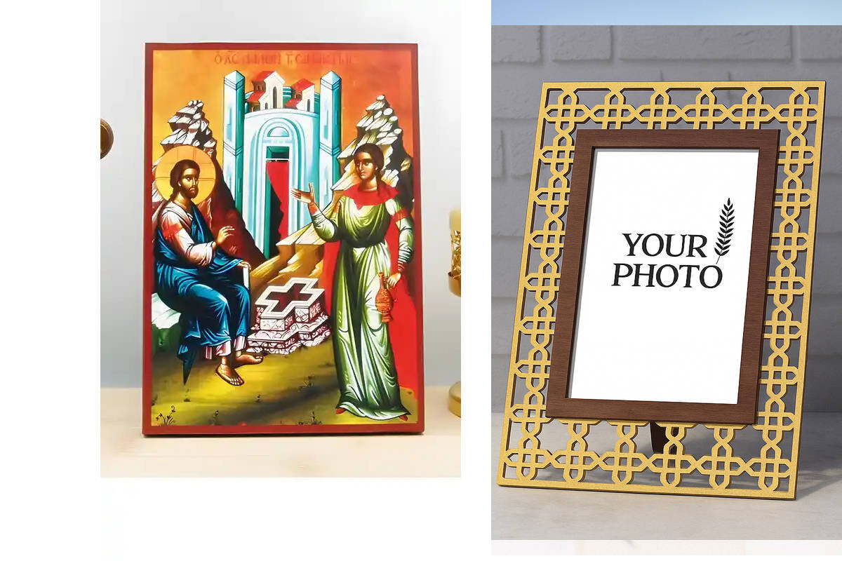 Εικόνα Ορθοδοξίας Πολυτελείας  με  σχεδιο Σταυρούς μαζι με  Βάση σε  8 χρώματα με περίγραμμα χρυσό σε ξύλο Plywood (Πλακάζ)   με  βάση Ο Ιησούς Χριστός μιλά με Σαμαρείτισσα, Ξύλινη Χειροποίητη Εικόνα Ελληνικού Βυζαντινού Στυλ Κρεμασμένο σε ξύλινη πλάκα Ορθόδοξο Θρησκευτικό Θέμα Χειροποίητη Ελληνορθόδοξη εικόνα του Ιησού Χριστού, Κρεμαστή πλάκα βυζαντινής τέχνης, χριστιανική τέχνη Διάσταση 10x7 cm (3,9 x 2,8 ίντσες)  INTRAEK3kadro3211-10902