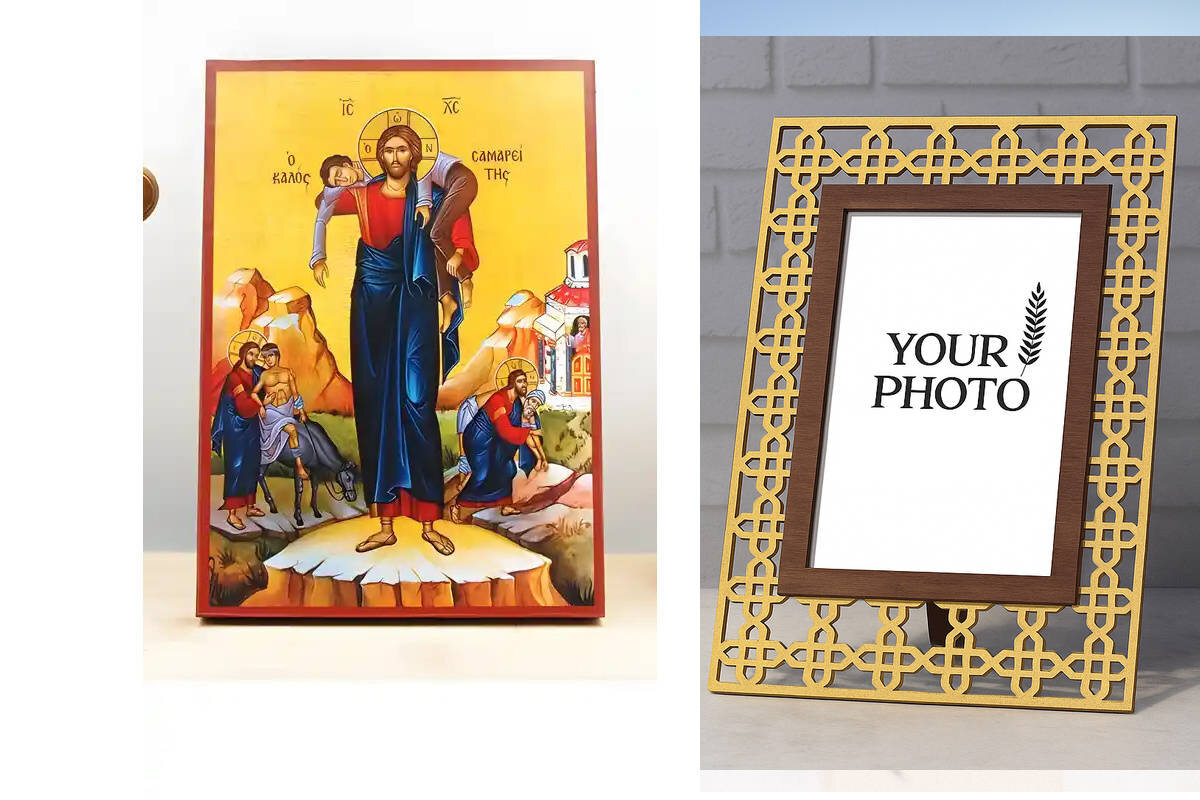 Εικόνα Ορθοδοξίας Πολυτελείας  με  σχεδιο Σταυρούς μαζι με  Βάση σε  8 χρώματα με περίγραμμα χρυσό σε ξύλο Plywood (Πλακάζ)   με  βάση Παράσταση Ιησούς Χριστός ο Καλός Σαμαρείτης, Ξύλινη Χειροποίητη Εικόνα Ελληνικού Βυζαντινού Στυλ Κρεμαστή σε ξύλινη πλάκα Θρησκευτικό Χειροποίητη Ελληνορθόδοξη εικόνα του Ιησού Χριστού, Κρεμαστή πλάκα βυζαντινής τέχνης, χριστιανική τέχνη Διάσταση 10x7 cm (3,9 x 2,8 ίντσες)  INTRAEK3kadro3211-10901