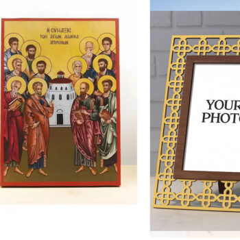 Εικόνα Ορθοδοξίας Πολυτελείας  με  σχεδιο Σταυρούς μαζι με  Βάση σε  8 χρώματα με περίγραμμα χρυσό σε ξύλο Plywood (Πλακάζ)   με  βάση Σύναξη των Δώδεκα Αποστόλων, Ξύλινη Χειροποίητη Εικόνα Ελληνικού Premium Βυζαντινού Στυλ Κρεμασμένο σε ξύλινη πλάκα Θρησκευτικό θέμα Χειροποίητη Ελληνορθόδοξη εικόνα του Ιησού Χριστού, Κρεμαστή πλάκα βυζαντινής τέχνης, χριστιανική τέχνη Διάσταση 10x7 cm (3,9 x 2,8 ίντσες)  INTRAEK3kadro3211-10900 - Image 1