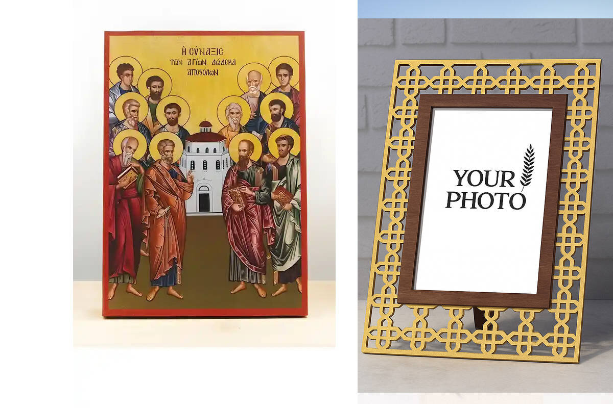 Εικόνα Ορθοδοξίας Πολυτελείας  με  σχεδιο Σταυρούς μαζι με  Βάση σε  8 χρώματα με περίγραμμα χρυσό σε ξύλο Plywood (Πλακάζ)   με  βάση Σύναξη των Δώδεκα Αποστόλων, Ξύλινη Χειροποίητη Εικόνα Ελληνικού Premium Βυζαντινού Στυλ Κρεμασμένο σε ξύλινη πλάκα Θρησκευτικό θέμα Χειροποίητη Ελληνορθόδοξη εικόνα του Ιησού Χριστού, Κρεμαστή πλάκα βυζαντινής τέχνης, χριστιανική τέχνη Διάσταση 10x7 cm (3,9 x 2,8 ίντσες)  INTRAEK3kadro3211-10900