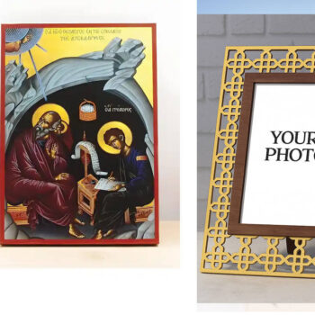 Εικόνα Ορθοδοξίας Πολυτελείας  με  σχεδιο Σταυρούς μαζι με  Βάση σε  8 χρώματα με περίγραμμα χρυσό σε ξύλο Plywood (Πλακάζ)   με  βάση Ο Άγιος Ιωάννης ο Θεολόγος στο Σπήλαιο της Αποκάλυψης, Ξύλινη Χειροποίητη Εικόνα Ελληνικού Βυζαντινού Στυλ Κρεμασμένη σε ξύλινη πλάκα Χειροποίητη Ελληνορθόδοξη εικόνα του Ιησού Χριστού, Κρεμαστή πλάκα βυζαντινής τέχνης, χριστιανική τέχνη Διάσταση 15x11 cm (5,9 x 4,3 ίντσες)  INTRAEK3kadro3211-610899 - Image 1