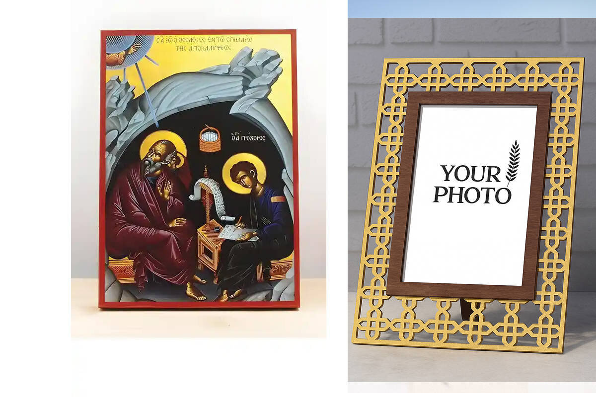 Εικόνα Ορθοδοξίας Πολυτελείας  με  σχεδιο Σταυρούς μαζι με  Βάση σε  8 χρώματα με περίγραμμα χρυσό σε ξύλο Plywood (Πλακάζ)   με  βάση Ο Άγιος Ιωάννης ο Θεολόγος στο Σπήλαιο της Αποκάλυψης, Ξύλινη Χειροποίητη Εικόνα Ελληνικού Βυζαντινού Στυλ Κρεμασμένη σε ξύλινη πλάκα Χειροποίητη Ελληνορθόδοξη εικόνα του Ιησού Χριστού, Κρεμαστή πλάκα βυζαντινής τέχνης, χριστιανική τέχνη Διάσταση 10x7 cm (3,9 x 2,8 ίντσες)  INTRAEK3kadro3211-10899