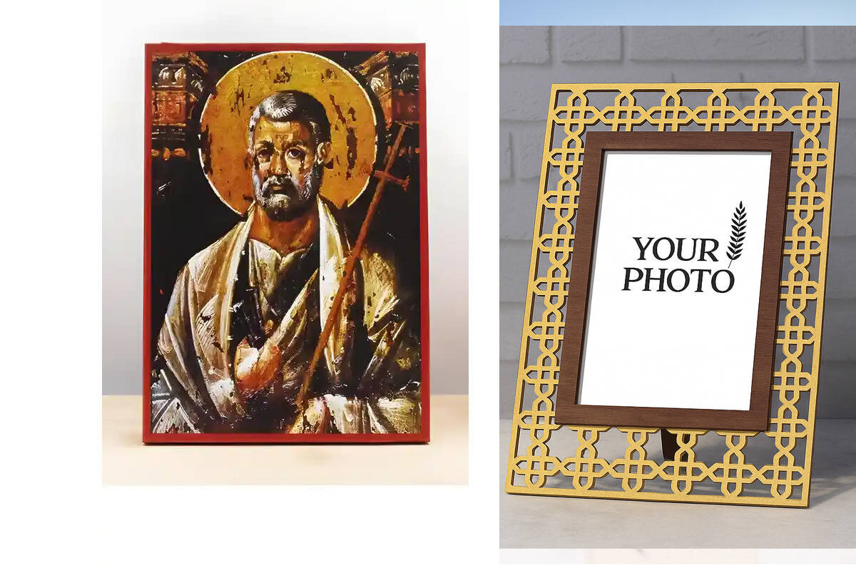 Εικόνα Ορθοδοξίας Πολυτελείας  με  σχεδιο Σταυρούς μαζι με  Βάση σε  8 χρώματα με περίγραμμα χρυσό σε ξύλο Plywood (Πλακάζ)   με  βάση Άγιος Απόστολος Πέτρος Φρέσκο, Ξύλινη Χειροποίητη Εικόνα Ελληνικού Premium Βυζαντινού Στυλ Κρεμαστή σε ξύλινη πλάκα Θρησκευτικό θέμα Χειροποίητη Ελληνορθόδοξη εικόνα του Ιησού Χριστού, Κρεμαστή πλάκα βυζαντινής τέχνης, χριστιανική τέχνη Διάσταση 10x7 cm (3,9 x 2,8 ίντσες)  INTRAEK3kadro3211-10897