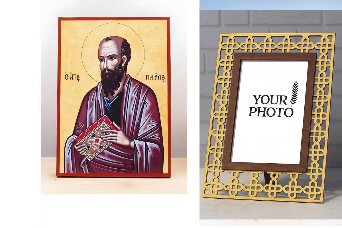 Εικόνα Ορθοδοξίας Πολυτελείας  με  σχεδιο Σταυρούς μαζι με  Βάση σε  8 χρώματα με περίγραμμα χρυσό σε ξύλο Plywood (Πλακάζ)   με  βάση Άγιος Απόστολος Παύλος, Ξύλινη Χειροποίητη Εικόνα Ελληνικής Premium Βυζαντινού Στυλ Κρεμαστή σε ξύλινη πλάκα Θρησκευτικό θέμα Χειροποίητη Ελληνορθόδοξη εικόνα του Ιησού Χριστού, Κρεμαστή πλάκα βυζαντινής τέχνης, χριστιανική τέχνη Διάσταση 10x7 cm (3,9 x 2,8 ίντσες)  INTRAEK3kadro3211-10896