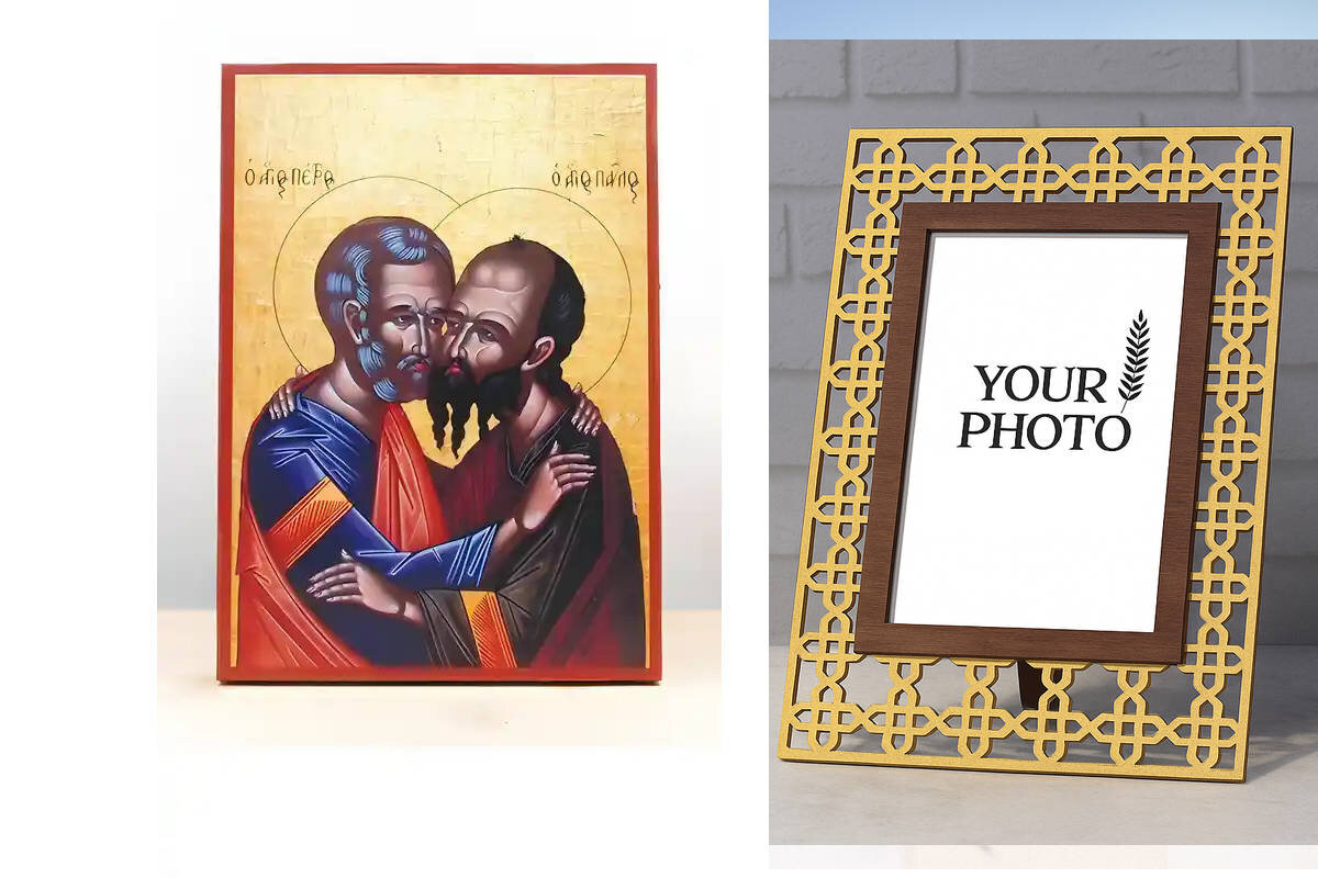 Εικόνα Ορθοδοξίας Πολυτελείας  με  σχεδιο Σταυρούς μαζι με  Βάση σε  8 χρώματα με περίγραμμα χρυσό σε ξύλο Plywood (Πλακάζ)   με  βάση Άγιοι Απόστολοι Παύλος και Πέτρος αγκαλιάζονται μεταξύ τους, Ξύλινη Χειροποίητη Εικόνα Ελληνικού Βυζαντινού Στυλ τοίχου που κρέμεται σε ξύλινη πλάκα Θρησκευτικό Χειροποίητη Ελληνορθόδοξη εικόνα του Ιησού Χριστού, Κρεμαστή πλάκα βυζαντινής τέχνης, χριστιανική τέχνη Διάσταση 10x7 cm (3,9 x 2,8 ίντσες)  INTRAEK3kadro3211-10895