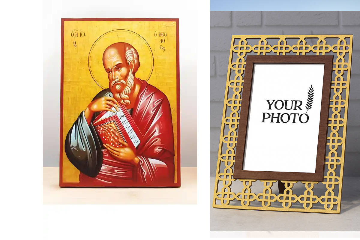 Εικόνα Ορθοδοξίας Πολυτελείας  με  σχεδιο Σταυρούς μαζι με  Βάση σε  8 χρώματα με περίγραμμα χρυσό σε ξύλο Plywood (Πλακάζ)   με  βάση Άγιος Απόστολος Ιωάννης ο Θεολόγος και Ευαγγελιστής, Ξύλινη Χειροποίητη Εικόνα Ελληνικής Κορυφαίας Βυζαντινής Στυλ Κρεμαστή σε Ξύλινη Πλάκα Θρησκευτικό Χειροποίητη Ελληνορθόδοξη εικόνα του Ιησού Χριστού, Κρεμαστή πλάκα βυζαντινής τέχνης, χριστιανική τέχνη Διάσταση 10x7 cm (3,9 x 2,8 ίντσες)  INTRAEK3kadro3211-10894