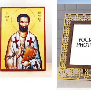 Εικόνα Ορθοδοξίας Πολυτελείας  με  σχεδιο Σταυρούς μαζι με  Βάση σε  8 χρώματα με περίγραμμα χρυσό σε ξύλο Plywood (Πλακάζ)   με  βάση Άγιος Απόστολος Βαρνάβας, Ξύλινη Χειροποίητη Εικόνα Ελληνικής Premium Βυζαντινού Στυλ Κρεμαστή σε ξύλινη πλάκα Θρησκευτικό θέμα Χειροποίητη Ελληνορθόδοξη εικόνα του Ιησού Χριστού, Κρεμαστή πλάκα βυζαντινής τέχνης, χριστιανική τέχνη Διάσταση 15x11 cm (5,9 x 4,3 ίντσες)  INTRAEK3kadro3211-610892 - Image 1