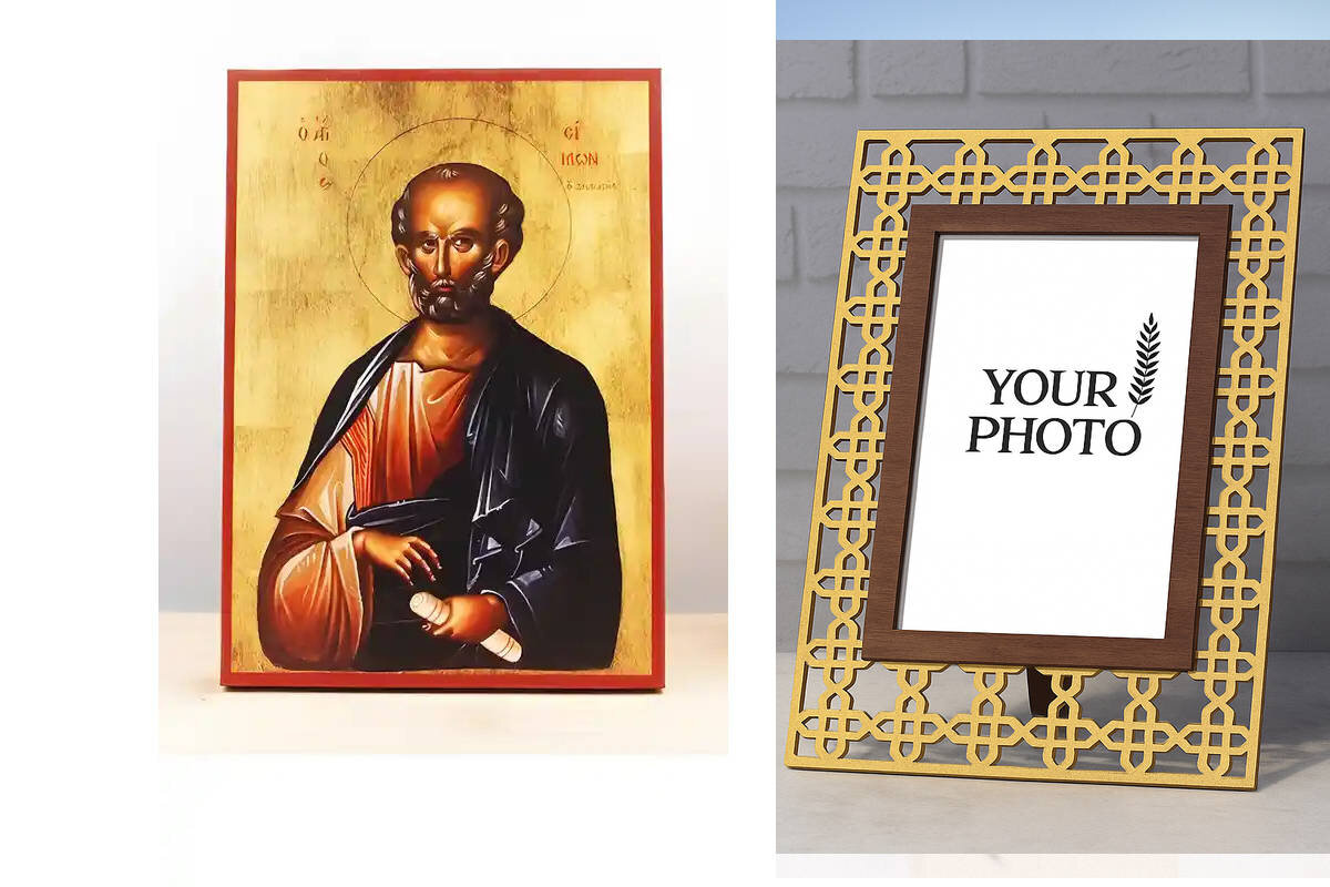 Εικόνα Ορθοδοξίας Πολυτελείας  με  σχεδιο Σταυρούς μαζι με  Βάση σε  8 χρώματα με περίγραμμα χρυσό σε ξύλο Plywood (Πλακάζ)   με  βάση Άγιος Απόστολος Σίμων ο Ζηλωτής, Ξύλινη Χειροποίητη Εικόνα Ελληνικού Βυζαντινού Στυλ Κρεμαστή σε ξύλινη πλάκα Θρησκευτικό θέμα Χειροποίητη Ελληνορθόδοξη εικόνα του Ιησού Χριστού, Κρεμαστή πλάκα βυζαντινής τέχνης, χριστιανική τέχνη Διάσταση 10x7 cm (3,9 x 2,8 ίντσες)  INTRAEK3kadro3211-10890