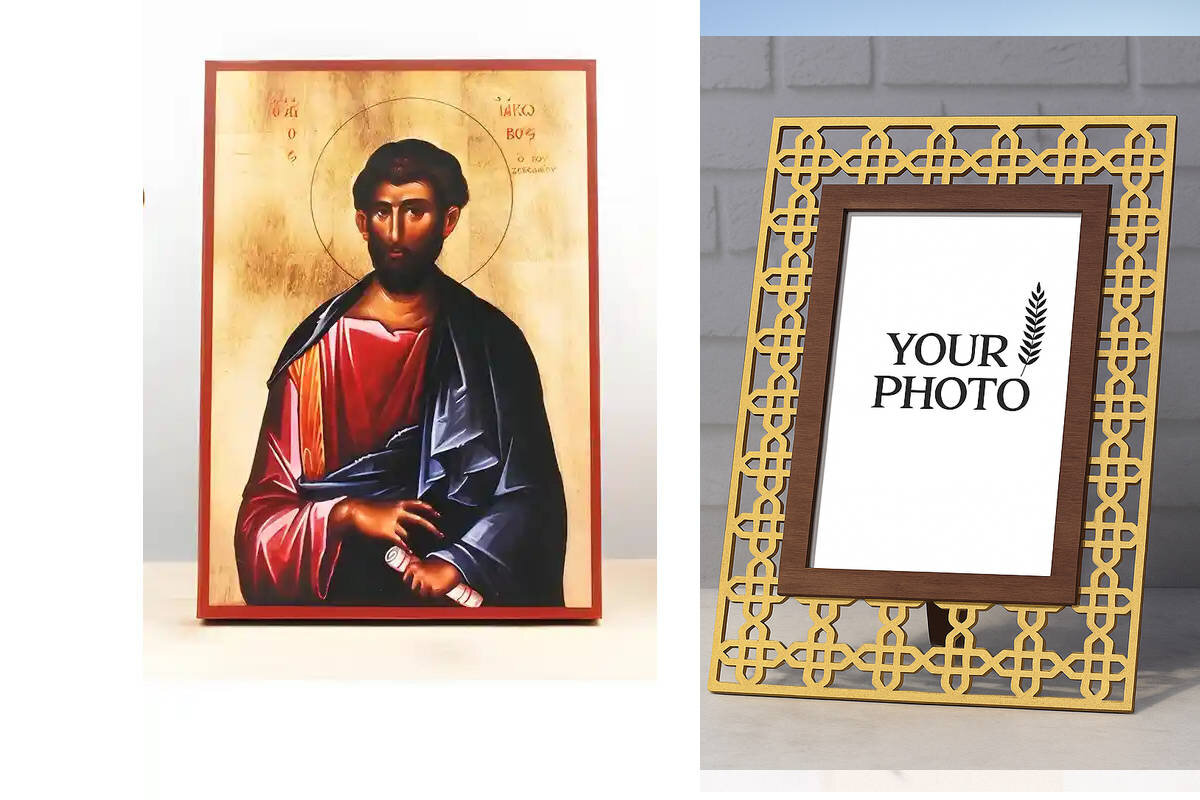 Εικόνα Ορθοδοξίας Πολυτελείας  με  σχεδιο Σταυρούς μαζι με  Βάση σε  8 χρώματα με περίγραμμα χρυσό σε ξύλο Plywood (Πλακάζ)   με  βάση Άγιος Απόστολος Ιάκωβος ο Μέγας γιος του Ζεβεδαίου, Ξύλινη Χειροποίητη Εικόνα Ελληνικής Κορυφαίας Βυζαντινής Στυλ Κρεμαστή σε ξύλινη πλάκα Θρησκευτικό θέμα Χειροποίητη Ελληνορθόδοξη εικόνα του Ιησού Χριστού, Κρεμαστή πλάκα βυζαντινής τέχνης, χριστιανική τέχνη Διάσταση 15x11 cm (5,9 x 4,3 ίντσες)  INTRAEK3kadro3211-610889