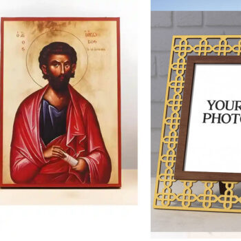 Εικόνα Ορθοδοξίας Πολυτελείας  με  σχεδιο Σταυρούς μαζι με  Βάση σε  8 χρώματα με περίγραμμα χρυσό σε ξύλο Plywood (Πλακάζ)   με  βάση Άγιος Απόστολος Ιάκωβος ο μικρότερος γιος του Αλφαίου, Ξύλινη Χειροποίητη Εικόνα Ελληνικού Βυζαντινού Στυλ Κρεμαστή σε ξύλινη πλάκα Θρησκευτικό θέμα Χειροποίητη Ελληνορθόδοξη εικόνα του Ιησού Χριστού, Κρεμαστή πλάκα βυζαντινής τέχνης, χριστιανική τέχνη Διάσταση 15x11 cm (5,9 x 4,3 ίντσες)  INTRAEK3kadro3211-610888 - Image 1