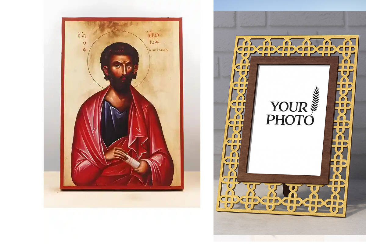 Εικόνα Ορθοδοξίας Πολυτελείας  με  σχεδιο Σταυρούς μαζι με  Βάση σε  8 χρώματα με περίγραμμα χρυσό σε ξύλο Plywood (Πλακάζ)   με  βάση Άγιος Απόστολος Ιάκωβος ο μικρότερος γιος του Αλφαίου, Ξύλινη Χειροποίητη Εικόνα Ελληνικού Βυζαντινού Στυλ Κρεμαστή σε ξύλινη πλάκα Θρησκευτικό θέμα Χειροποίητη Ελληνορθόδοξη εικόνα του Ιησού Χριστού, Κρεμαστή πλάκα βυζαντινής τέχνης, χριστιανική τέχνη Διάσταση 15x11 cm (5,9 x 4,3 ίντσες)  INTRAEK3kadro3211-610888