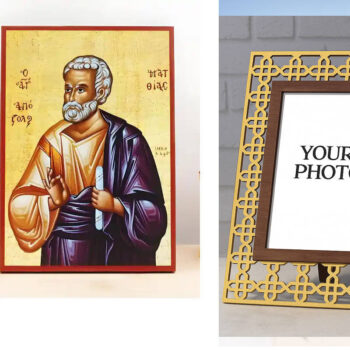 Εικόνα Ορθοδοξίας Πολυτελείας  με  σχεδιο Σταυρούς μαζι με  Βάση σε  8 χρώματα με περίγραμμα χρυσό σε ξύλο Plywood (Πλακάζ)   με  βάση Άγιος Απόστολος Ματθίας, Ξύλινη Χειροποίητη Εικόνα Ελληνικού Premium Βυζαντινού Στυλ Κρεμαστή σε ξύλινη πλάκα Θρησκευτικό θέμα Χειροποίητη Ελληνορθόδοξη εικόνα του Ιησού Χριστού, Κρεμαστή πλάκα βυζαντινής τέχνης, χριστιανική τέχνη Διάσταση 15x11 cm (5,9 x 4,3 ίντσες)  INTRAEK3kadro3211-610887 - Image 1