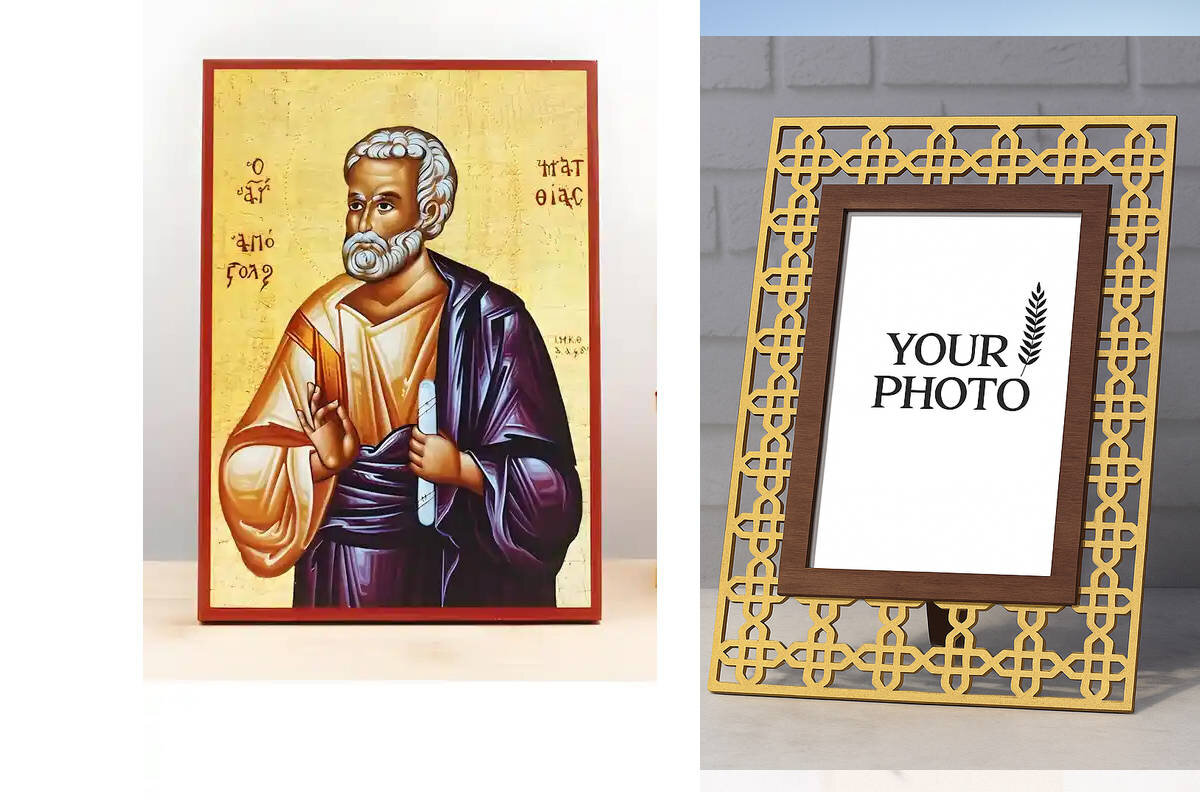 Εικόνα Ορθοδοξίας Πολυτελείας  με  σχεδιο Σταυρούς μαζι με  Βάση σε  8 χρώματα με περίγραμμα χρυσό σε ξύλο Plywood (Πλακάζ)   με  βάση Άγιος Απόστολος Ματθίας, Ξύλινη Χειροποίητη Εικόνα Ελληνικού Premium Βυζαντινού Στυλ Κρεμαστή σε ξύλινη πλάκα Θρησκευτικό θέμα Χειροποίητη Ελληνορθόδοξη εικόνα του Ιησού Χριστού, Κρεμαστή πλάκα βυζαντινής τέχνης, χριστιανική τέχνη Διάσταση 15x11 cm (5,9 x 4,3 ίντσες)  INTRAEK3kadro3211-610887