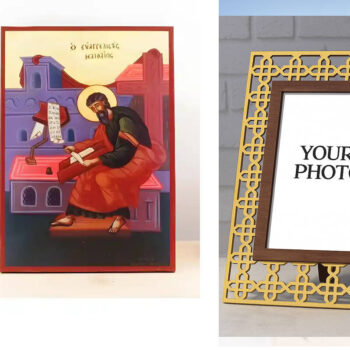 Εικόνα Ορθοδοξίας Πολυτελείας  με  σχεδιο Σταυρούς μαζι με  Βάση σε  8 χρώματα με περίγραμμα χρυσό σε ξύλο Plywood (Πλακάζ)   με  βάση Άγιος Απόστολος Ματθαίος ο Ευαγγελιστής Χειρόγραφο, Ξύλινη Χειροποίητη Εικόνα Ελληνικού Βυζαντινού Στυλ τοίχου Αναρτημένη σε Ξύλινη Πλάκα Θρησκευτικά Χειροποίητη Ελληνορθόδοξη εικόνα του Ιησού Χριστού, Κρεμαστή πλάκα βυζαντινής τέχνης, χριστιανική τέχνη Διάσταση 15x11 cm (5,9 x 4,3 ίντσες)  INTRAEK3kadro3211-610886 - Image 1