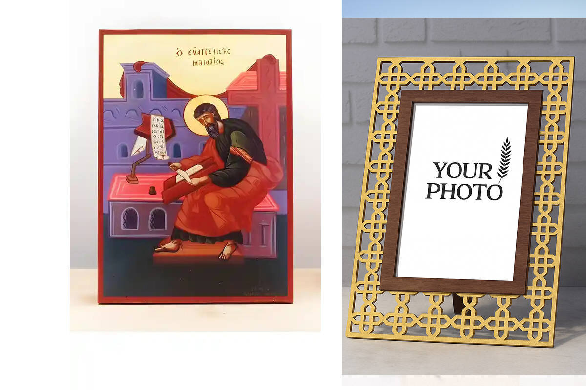 Εικόνα Ορθοδοξίας Πολυτελείας  με  σχεδιο Σταυρούς μαζι με  Βάση σε  8 χρώματα με περίγραμμα χρυσό σε ξύλο Plywood (Πλακάζ)   με  βάση Άγιος Απόστολος Ματθαίος ο Ευαγγελιστής Χειρόγραφο, Ξύλινη Χειροποίητη Εικόνα Ελληνικού Βυζαντινού Στυλ τοίχου Αναρτημένη σε Ξύλινη Πλάκα Θρησκευτικά Χειροποίητη Ελληνορθόδοξη εικόνα του Ιησού Χριστού, Κρεμαστή πλάκα βυζαντινής τέχνης, χριστιανική τέχνη Διάσταση 15x11 cm (5,9 x 4,3 ίντσες)  INTRAEK3kadro3211-610886