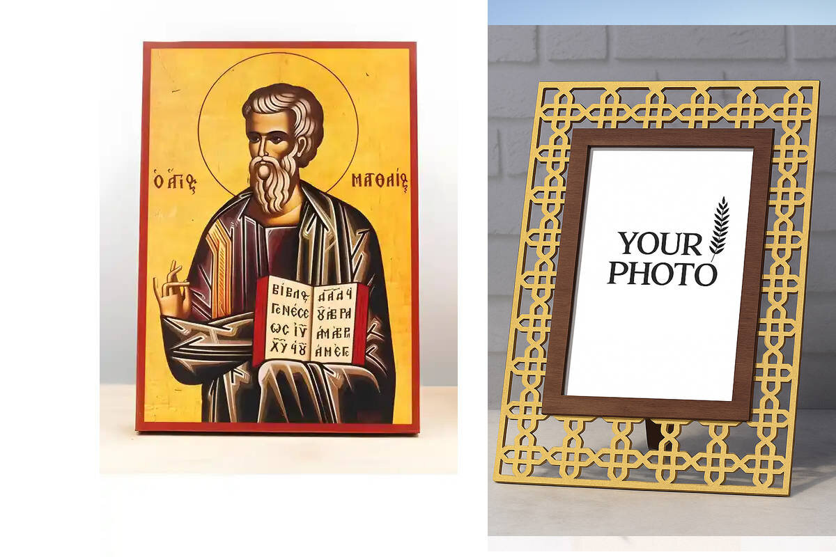 Εικόνα Ορθοδοξίας Πολυτελείας  με  σχεδιο Σταυρούς μαζι με  Βάση σε  8 χρώματα με περίγραμμα χρυσό σε ξύλο Plywood (Πλακάζ)   με  βάση Άγιος Απόστολος Ματθαίος ο Ευαγγελιστής, Ξύλινη Χειροποίητη Εικόνα Ελληνικής Κορυφαίας Βυζαντινής Στυλ Κρεμαστή σε ξύλινη πλάκα Θρησκευτικό θέμα Χειροποίητη Ελληνορθόδοξη εικόνα του Ιησού Χριστού, Κρεμαστή πλάκα βυζαντινής τέχνης, χριστιανική τέχνη Διάσταση 15x11 cm (5,9 x 4,3 ίντσες)  INTRAEK3kadro3211-610884