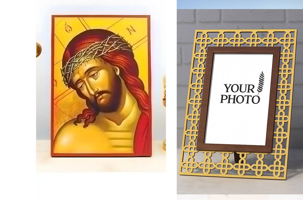 Εικόνα Ορθοδοξίας Πολυτελείας  με  σχεδιο Σταυρούς μαζι με  Βάση σε  8 χρώματα με περίγραμμα χρυσό σε ξύλο Plywood (Πλακάζ)   με  βάση Πορτρέτο του Ιησού Χριστού ο Νυμφίος, Ξύλινη Χειροποίητη Εικόνα Ελληνικού Premium Βυζαντινού Στυλ Κρεμασμένο σε ξύλινη πλάκα Θρησκευτικό θέμα Χειροποίητη Ελληνορθόδοξη εικόνα του Ιησού Χριστού, Κρεμαστή πλάκα βυζαντινής τέχνης, χριστιανική τέχνη Διάσταση 15x11 cm (5,9 x 4,3 ίντσες)  INTRAEK3kadro3211-610883