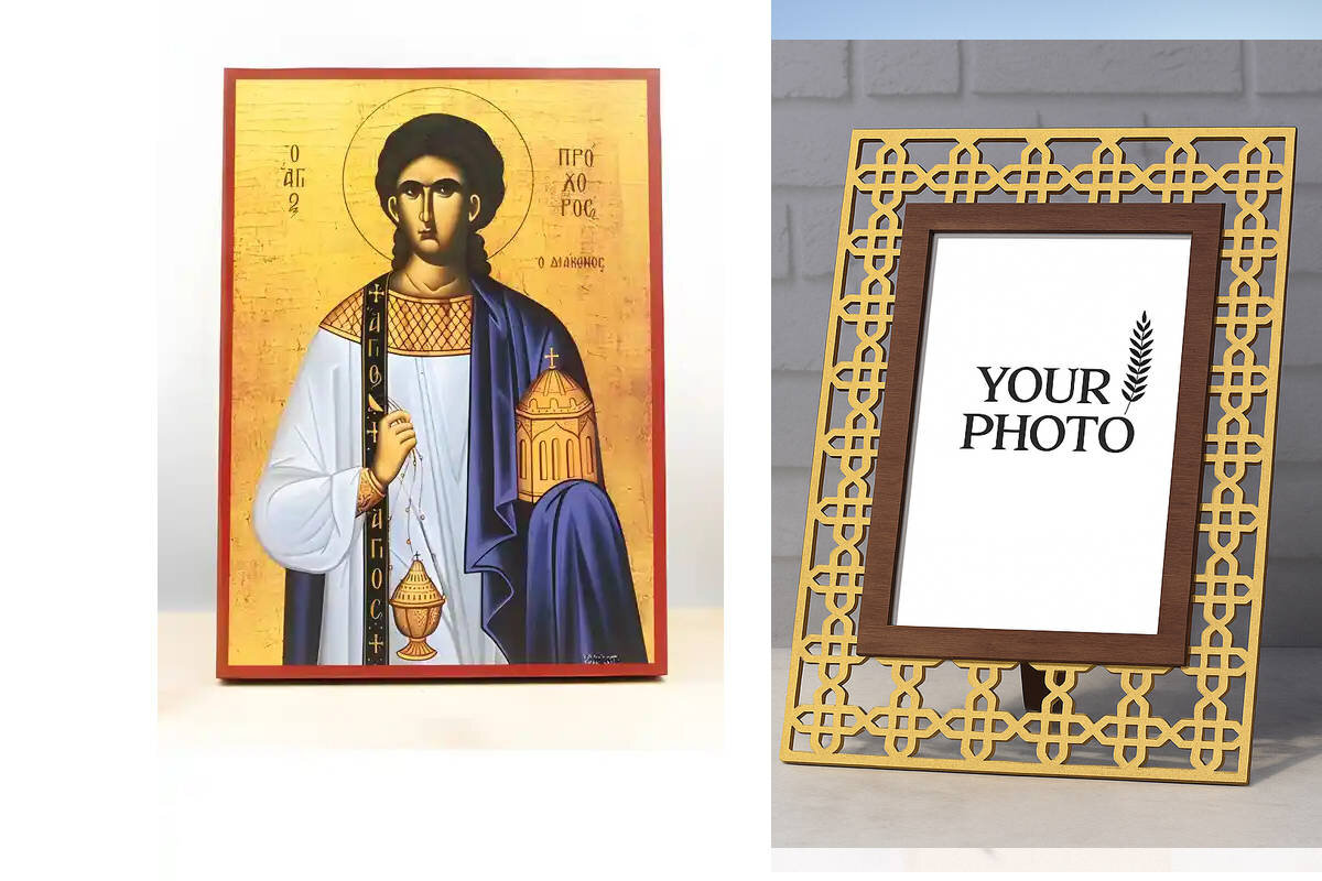 Εικόνα Ορθοδοξίας Πολυτελείας  με  σχεδιο Σταυρούς μαζι με  Βάση σε  8 χρώματα με περίγραμμα χρυσό σε ξύλο Plywood (Πλακάζ)   με  βάση Άγιος Απόστολος Πρόχορος, Ξύλινη Χειροποίητη Εικόνα Ελληνικού Premium Βυζαντινού Στυλ Κρεμαστή σε ξύλινη πλάκα Θρησκευτικό θέμα Χειροποίητη Ελληνορθόδοξη εικόνα του Ιησού Χριστού, Κρεμαστή πλάκα βυζαντινής τέχνης, χριστιανική τέχνη Διάσταση 15x11 cm (5,9 x 4,3 ίντσες)  INTRAEK3kadro3211-610882