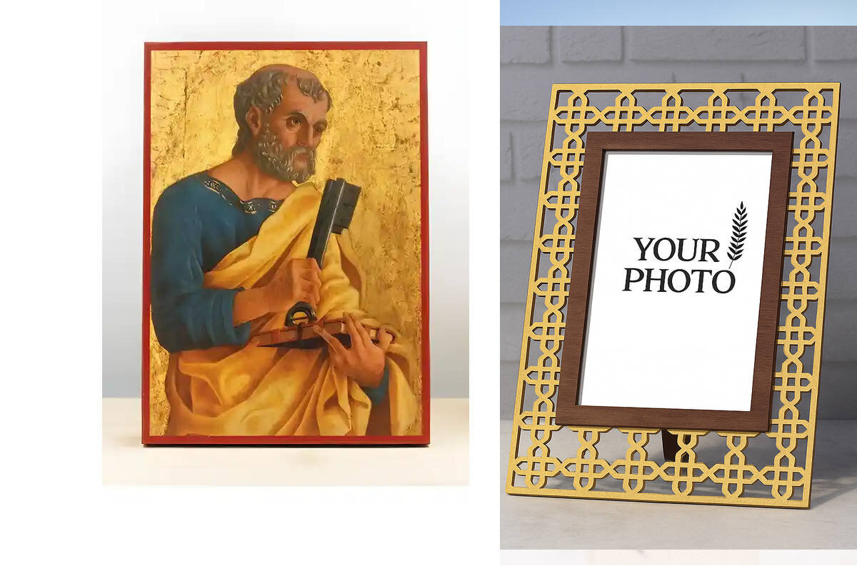 Εικόνα Ορθοδοξίας Πολυτελείας  με  σχεδιο Σταυρούς μαζι με  Βάση σε  8 χρώματα με περίγραμμα χρυσό σε ξύλο Plywood (Πλακάζ)   με  βάση Άγιος Απόστολος Πέτρος κρατώντας τα Κλειδιά του Ουρανού, Ξύλινη Χειροποίητη Εικόνα Ελληνικού Βυζαντινού Στυλ τοίχου Κρεμασμένη σε ξύλινη πλάκα Θρησκευτικό Χειροποίητη Ελληνορθόδοξη εικόνα του Ιησού Χριστού, Κρεμαστή πλάκα βυζαντινής τέχνης, χριστιανική τέχνη Διάσταση 15x11 cm (5,9 x 4,3 ίντσες)  INTRAEK3kadro3211-610881