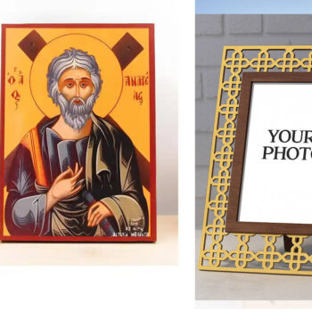 Εικόνα Ορθοδοξίας Πολυτελείας  με  σχεδιο Σταυρούς μαζι με  Βάση σε  8 χρώματα με περίγραμμα χρυσό σε ξύλο Plywood (Πλακάζ)   με  βάση Άγιος Απόστολος Ανδρέας ο Πρωτόκλητος, Ξύλινη Χειροποίητη Εικόνα Ελληνικής Premium Βυζαντινού Στυλ Κρεμαστή σε ξύλινη πλάκα Θρησκευτικό θέμα Χειροποίητη Ελληνορθόδοξη εικόνα του Ιησού Χριστού, Κρεμαστή πλάκα βυζαντινής τέχνης, χριστιανική τέχνη Διάσταση 15x11 cm (5,9 x 4,3 ίντσες)  INTRAEK3kadro3211-610876 - Image 1