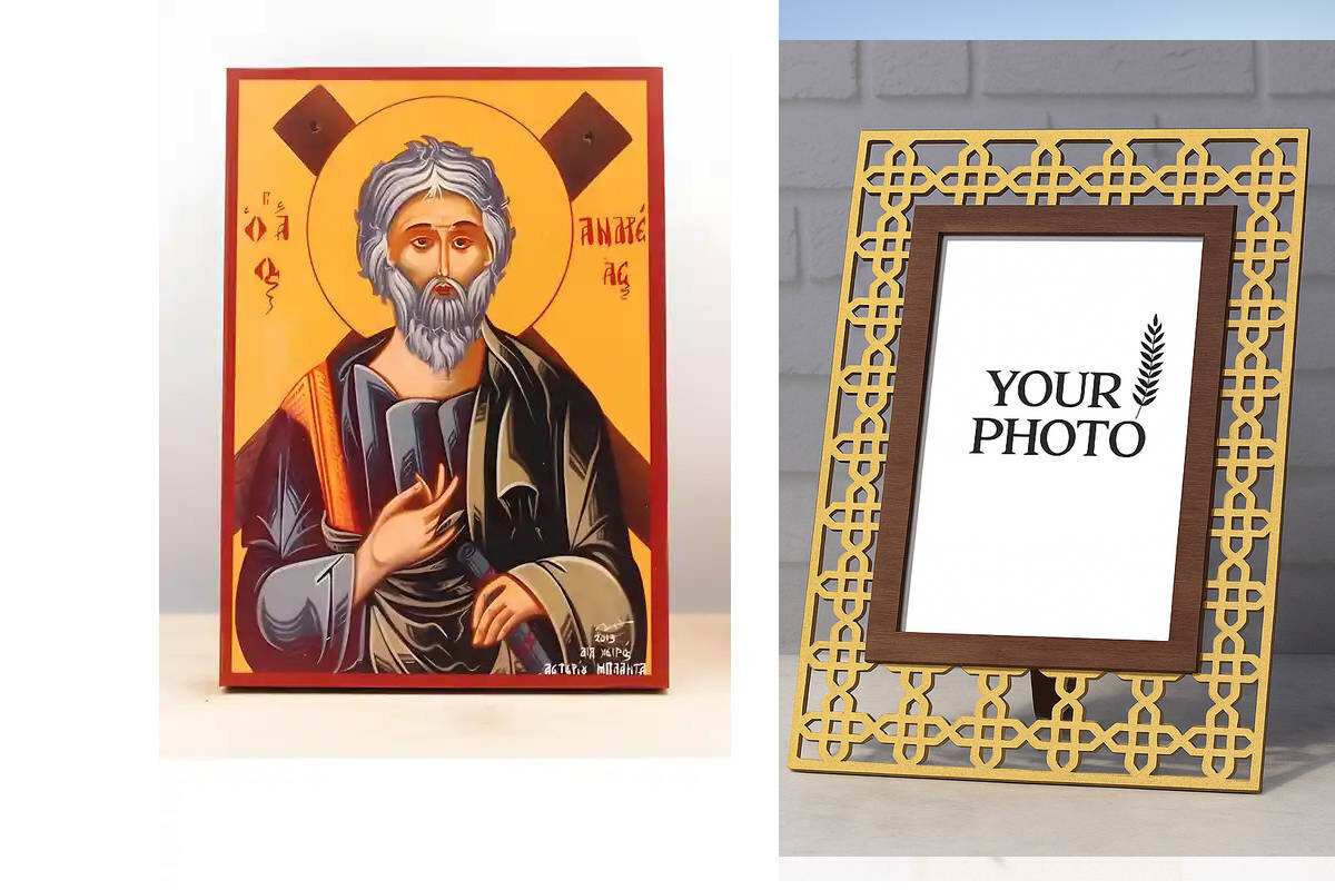 Εικόνα Ορθοδοξίας Πολυτελείας  με  σχεδιο Σταυρούς μαζι με  Βάση σε  8 χρώματα με περίγραμμα χρυσό σε ξύλο Plywood (Πλακάζ)   με  βάση Άγιος Απόστολος Ανδρέας ο Πρωτόκλητος, Ξύλινη Χειροποίητη Εικόνα Ελληνικής Premium Βυζαντινού Στυλ Κρεμαστή σε ξύλινη πλάκα Θρησκευτικό θέμα Χειροποίητη Ελληνορθόδοξη εικόνα του Ιησού Χριστού, Κρεμαστή πλάκα βυζαντινής τέχνης, χριστιανική τέχνη Διάσταση 15x11 cm (5,9 x 4,3 ίντσες)  INTRAEK3kadro3211-610876