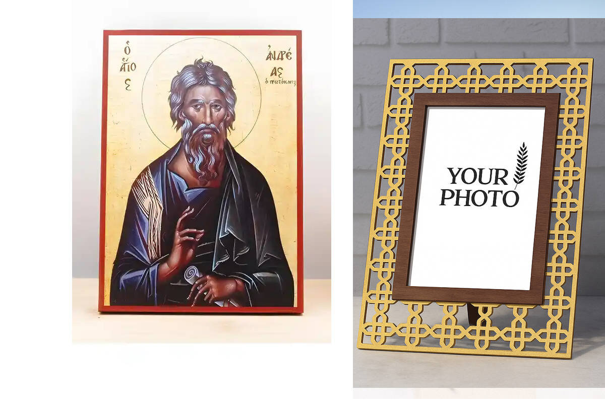 Εικόνα Ορθοδοξίας Πολυτελείας  με  σχεδιο Σταυρούς μαζι με  Βάση σε  8 χρώματα με περίγραμμα χρυσό σε ξύλο Plywood (Πλακάζ)   με  βάση Άγιος Απόστολος Ανδρέας ο Πρωτόκλητος, Ξύλινη Χειροποίητη Εικόνα Ελληνικής Κορυφαίας Βυζαντινής Στυλ Κρεμαστή σε ξύλινη πλάκα Θρησκευτικό θέμα Χειροποίητη Ελληνορθόδοξη εικόνα του Ιησού Χριστού, Κρεμαστή πλάκα βυζαντινής τέχνης, χριστιανική τέχνη Διάσταση 15x11 cm (5,9 x 4,3 ίντσες)  INTRAEK3kadro3211-610875