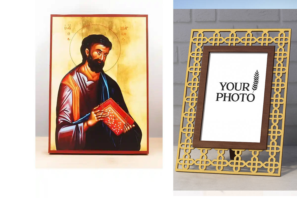 Εικόνα Ορθοδοξίας Πολυτελείας  με  σχεδιο Σταυρούς μαζι με  Βάση σε  8 χρώματα με περίγραμμα χρυσό σε ξύλο Plywood (Πλακάζ)   με  βάση Άγιος Απόστολος Μάρκος ο Ευαγγελιστής, Ξύλινη Χειροποίητη Εικόνα Ελληνικής Premium Βυζαντινού Στυλ Κρεμαστή σε ξύλινη πλάκα Θρησκευτικό θέμα Χειροποίητη Ελληνορθόδοξη εικόνα του Ιησού Χριστού, Κρεμαστή πλάκα βυζαντινής τέχνης, χριστιανική τέχνη Διάσταση 15x11 cm (5,9 x 4,3 ίντσες)  INTRAEK3kadro3211-610874