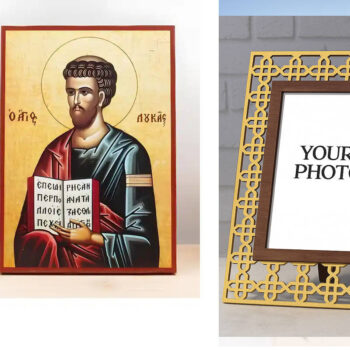 Εικόνα Ορθοδοξίας Πολυτελείας  με  σχεδιο Σταυρούς μαζι με  Βάση σε  8 χρώματα με περίγραμμα χρυσό σε ξύλο Plywood (Πλακάζ)   με  βάση Άγιος Απόστολος Λουκάς, Ξύλινη Χειροποίητη Εικόνα Ελληνικού Premium Βυζαντινού Στυλ Κρεμαστή σε ξύλινη πλάκα Θρησκευτικό θέμα Χειροποίητη Ελληνορθόδοξη εικόνα του Ιησού Χριστού, Κρεμαστή πλάκα βυζαντινής τέχνης, χριστιανική τέχνη Διάσταση 15x11 cm (5,9 x 4,3 ίντσες)  INTRAEK3kadro3211-610873 - Image 1