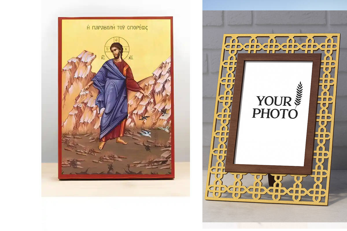 Εικόνα Ορθοδοξίας Πολυτελείας  με  σχεδιο Σταυρούς μαζι με  Βάση σε  8 χρώματα με περίγραμμα χρυσό σε ξύλο Plywood (Πλακάζ)   με  βάση Ιησούς Χριστός Ο Σπορέας, Ξύλινη Χειροποίητη Εικόνα Ελληνικού Premium Βυζαντινού Στυλ Κρεμασμένο σε ξύλινη πλάκα Θρησκευτικό θέμα Χειροποίητη Ελληνορθόδοξη εικόνα του Ιησού Χριστού, Κρεμαστή πλάκα βυζαντινής τέχνης, χριστιανική τέχνη Διάσταση 15x11 cm (5,9 x 4,3 ίντσες)  INTRAEK3kadro3211-610871