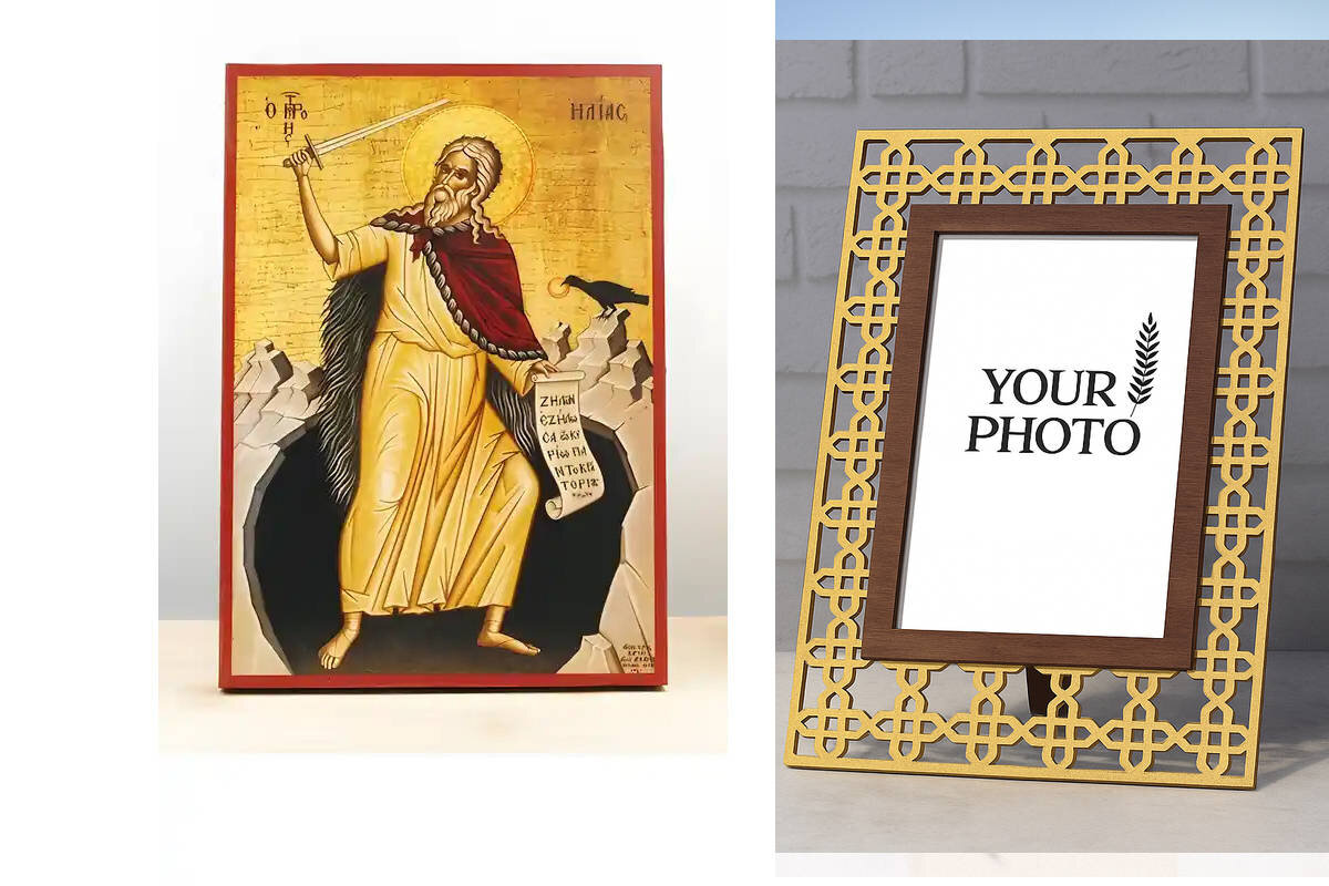 Εικόνα Ορθοδοξίας Πολυτελείας  με  σχεδιο Σταυρούς μαζι με  Βάση σε  8 χρώματα με περίγραμμα χρυσό σε ξύλο Plywood (Πλακάζ)   με  βάση Άγιος Προφήτης Ηλίας ή Ολόσωμος Ηλίας, Ξύλινη Χειροποίητη Εικόνα Ελληνικού Βυζαντινού Στυλ τοίχου Κρεμαστή σε ξύλινη πλάκα Θρησκευτικό θέμα Χειροποίητη Ελληνορθόδοξη εικόνα του Ιησού Χριστού, Κρεμαστή πλάκα βυζαντινής τέχνης, χριστιανική τέχνη Διάσταση 10x7 cm (3,9 x 2,8 ίντσες)  INTRAEK3kadro3211-10870