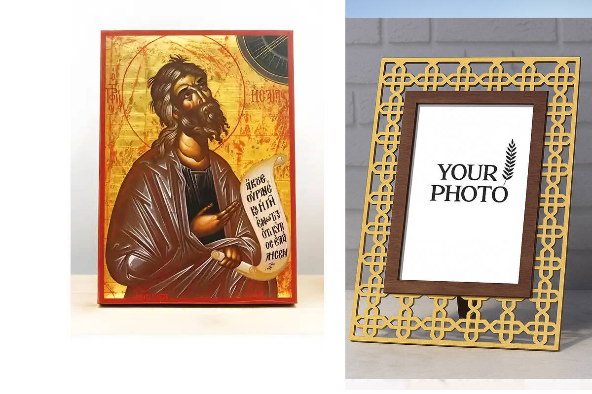 Εικόνα Ορθοδοξίας Πολυτελείας  με  σχεδιο Σταυρούς μαζι με  Βάση σε  8 χρώματα με περίγραμμα χρυσό σε ξύλο Plywood (Πλακάζ)   με  βάση Άγιος Προφήτης Ησαΐας, Ξύλινη Χειροποίητη Εικόνα Ελληνικού Premium Βυζαντινού Στυλ Κρεμαστή σε ξύλινη πλάκα Θρησκευτικό θέμα Χειροποίητη Ελληνορθόδοξη εικόνα του Ιησού Χριστού, Κρεμαστή πλάκα βυζαντινής τέχνης, χριστιανική τέχνη Διάσταση 10x7 cm (3,9 x 2,8 ίντσες)  INTRAEK3kadro3211-10865