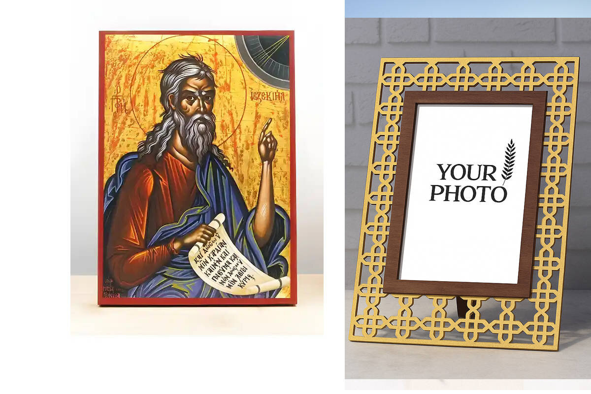 Εικόνα Ορθοδοξίας Πολυτελείας  με  σχεδιο Σταυρούς μαζι με  Βάση σε  8 χρώματα με περίγραμμα χρυσό σε ξύλο Plywood (Πλακάζ)   με  βάση Άγιος Προφήτης Ιεζεκιήλ, Ξύλινη Χειροποίητη Εικόνα Ελληνικού Premium Βυζαντινού Στυλ Κρεμαστή σε ξύλινη πλάκα Θρησκευτικό θέμα Χειροποίητη Ελληνορθόδοξη εικόνα του Ιησού Χριστού, Κρεμαστή πλάκα βυζαντινής τέχνης, χριστιανική τέχνη Διάσταση 10x7 cm (3,9 x 2,8 ίντσες)  INTRAEK3kadro3211-10863