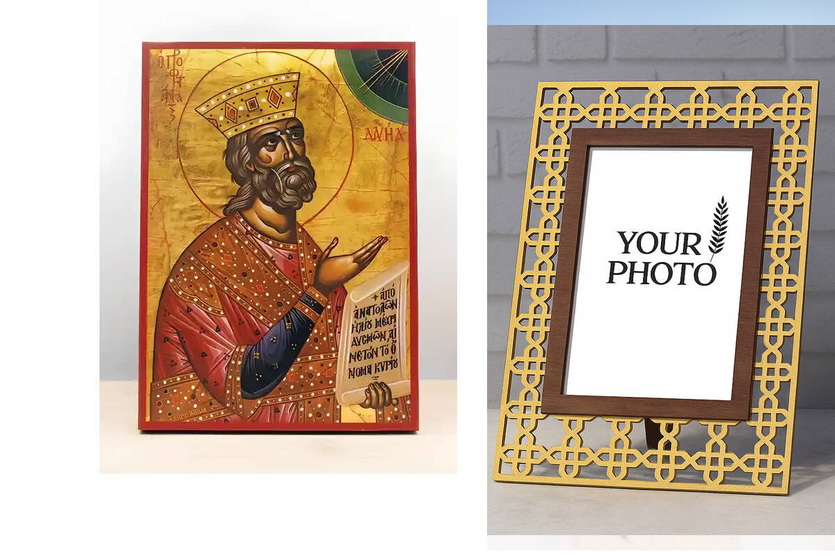 Εικόνα Ορθοδοξίας Πολυτελείας  με  σχεδιο Σταυρούς μαζι με  Βάση σε  8 χρώματα με περίγραμμα χρυσό σε ξύλο Plywood (Πλακάζ)   με  βάση Άγιος Προφήτης Δαυίδ, Ξύλινη Χειροποίητη Εικόνα Ελληνικού Premium Βυζαντινού Στυλ Κρεμαστή σε ξύλινη πλάκα Θρησκευτικό θέμα Χειροποίητη Ελληνορθόδοξη εικόνα του Ιησού Χριστού, Κρεμαστή πλάκα βυζαντινής τέχνης, χριστιανική τέχνη Διάσταση 10x7 cm (3,9 x 2,8 ίντσες)  INTRAEK3kadro3211-10861