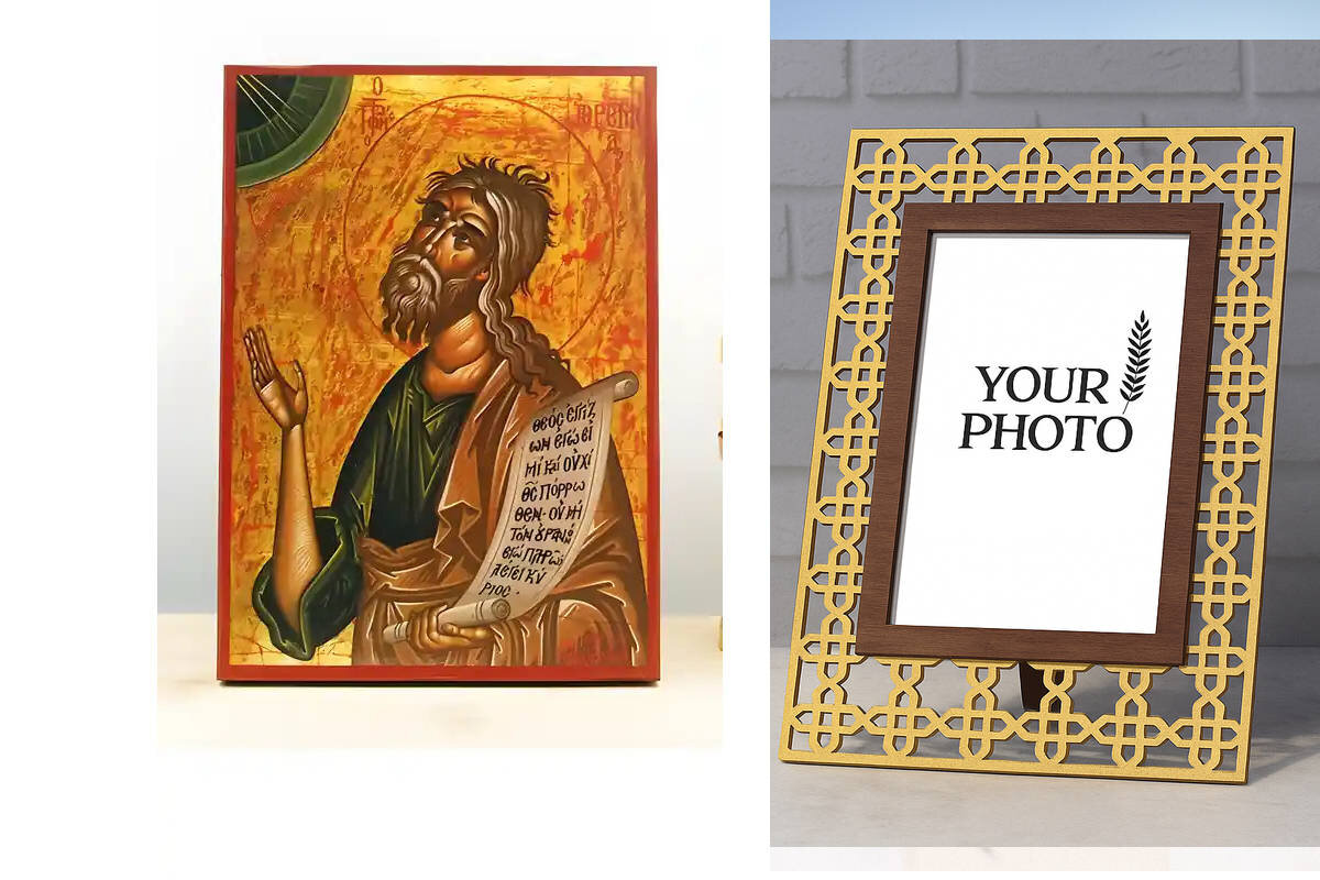 Εικόνα Ορθοδοξίας Πολυτελείας  με  σχεδιο Σταυρούς μαζι με  Βάση σε  8 χρώματα με περίγραμμα χρυσό σε ξύλο Plywood (Πλακάζ)   με  βάση Άγιος Προφήτης Ιερεμίας, Ξύλινη Χειροποίητη Εικόνα Ελληνικού Βυζαντινού Στυλ Κρεμαστή σε ξύλινη πλάκα Θρησκευτικό θέμα Χειροποίητη Ελληνορθόδοξη εικόνα του Ιησού Χριστού, Κρεμαστή πλάκα βυζαντινής τέχνης, χριστιανική τέχνη Διάσταση 10x7 cm (3,9 x 2,8 ίντσες)  INTRAEK3kadro3211-10860