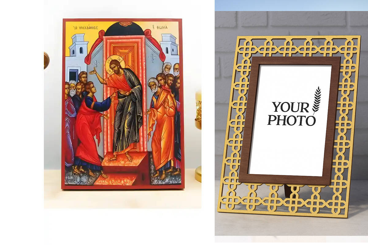 Εικόνα Ορθοδοξίας Πολυτελείας  με  σχεδιο Σταυρούς μαζι με  Βάση σε  8 χρώματα με περίγραμμα χρυσό σε ξύλο Plywood (Πλακάζ)   με  βάση The Incredulity of Saint Thomas, Ξύλινη Χειροποίητη Εικόνα Ελληνικού Premium Βυζαντινού Στυλ Κρεμασμένο σε ξύλινη πλάκα Ορθόδοξο Θρησκευτικό Θέμα Χειροποίητη Ελληνορθόδοξη εικόνα του Ιησού Χριστού, Κρεμαστή πλάκα βυζαντινής τέχνης, χριστιανική τέχνη Διάσταση 10x7 cm (3,9 x 2,8 ίντσες)  INTRAEK3kadro3211-10858