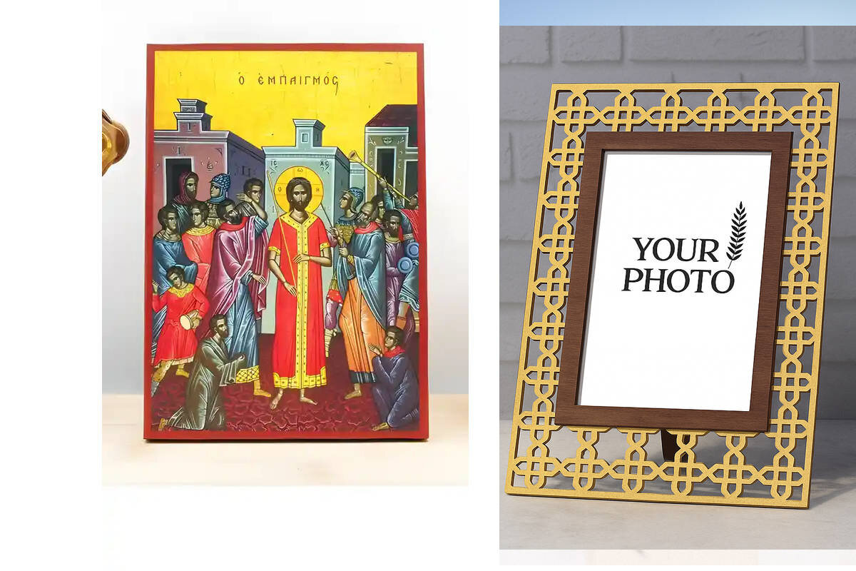 Εικόνα Ορθοδοξίας Πολυτελείας  με  σχεδιο Σταυρούς μαζι με  Βάση σε  8 χρώματα με περίγραμμα χρυσό σε ξύλο Plywood (Πλακάζ)   με  βάση Η κοροϊδία του Ιησού Χριστού, Ξύλινη Χειροποίητη Εικόνα Ελληνικού Premium Βυζαντινού Στυλ Κρεμασμένο σε ξύλινη πλάκα Ορθόδοξο Θρησκευτικό Θέμα Χειροποίητη Ελληνορθόδοξη εικόνα του Ιησού Χριστού, Κρεμαστή πλάκα βυζαντινής τέχνης, χριστιανική τέχνη Διάσταση 10x7 cm (3,9 x 2,8 ίντσες)  INTRAEK3kadro3211-10857