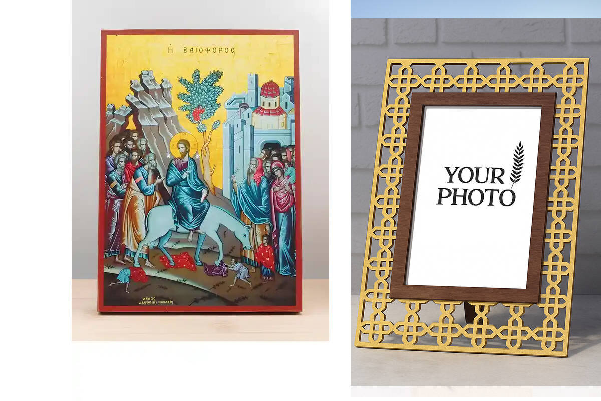 Εικόνα Ορθοδοξίας Πολυτελείας  με  σχεδιο Σταυρούς μαζι με  Βάση σε  8 χρώματα με περίγραμμα χρυσό σε ξύλο Plywood (Πλακάζ)   με  βάση Ιησούς Χριστός η Είσοδος στην Ιερουσαλήμ «Βαϊοφόρος», Ξύλινη Χειροποίητη Εικόνα Ελληνικής Premium Βυζαντινού Στυλ τοίχου Κρεμασμένη σε Ξύλινη Πλάκα Θρησκευτικό Χειροποίητη Ελληνορθόδοξη εικόνα του Ιησού Χριστού, Κρεμαστή πλάκα βυζαντινής τέχνης, χριστιανική τέχνη Διάσταση 10x7 cm (3,9 x 2,8 ίντσες)  INTRAEK3kadro3211-10856