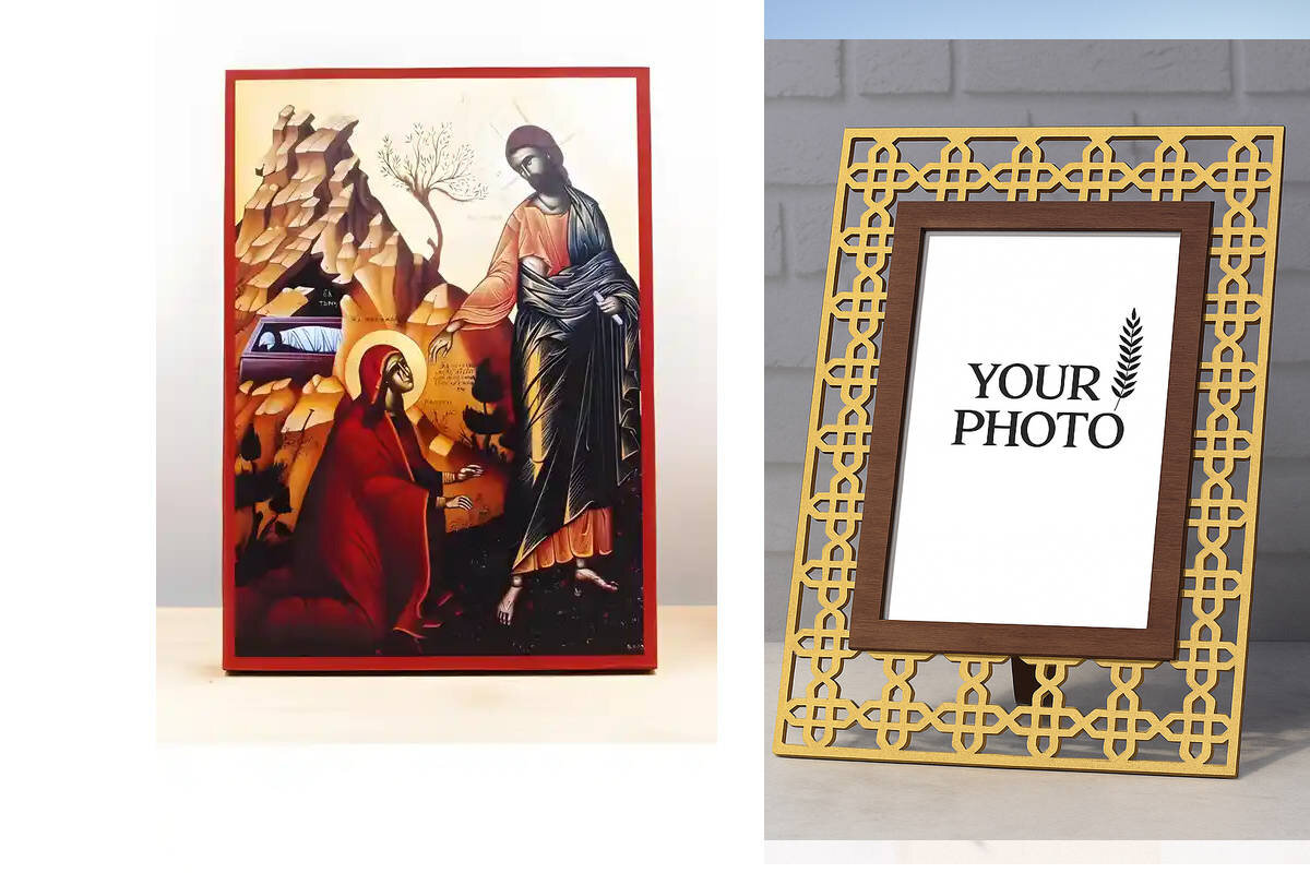 Εικόνα Ορθοδοξίας Πολυτελείας  με  σχεδιο Σταυρούς μαζι με  Βάση σε  8 χρώματα με περίγραμμα χρυσό σε ξύλο Plywood (Πλακάζ)   με  βάση Ο Ιησούς Χριστός εμφανίζεται στη Μαρία Μαγδαληνή, Ξύλινη Χειροποίητη Εικόνα Ελληνικού Βυζαντινού Στυλ τοίχου Κρεμασμένη σε ξύλινη πλάκα Θρησκευτικό θέμα Χειροποίητη Ελληνορθόδοξη εικόνα του Ιησού Χριστού, Κρεμαστή πλάκα βυζαντινής τέχνης, χριστιανική τέχνη Διάσταση 10x7 cm (3,9 x 2,8 ίντσες)  INTRAEK3kadro3211-10855