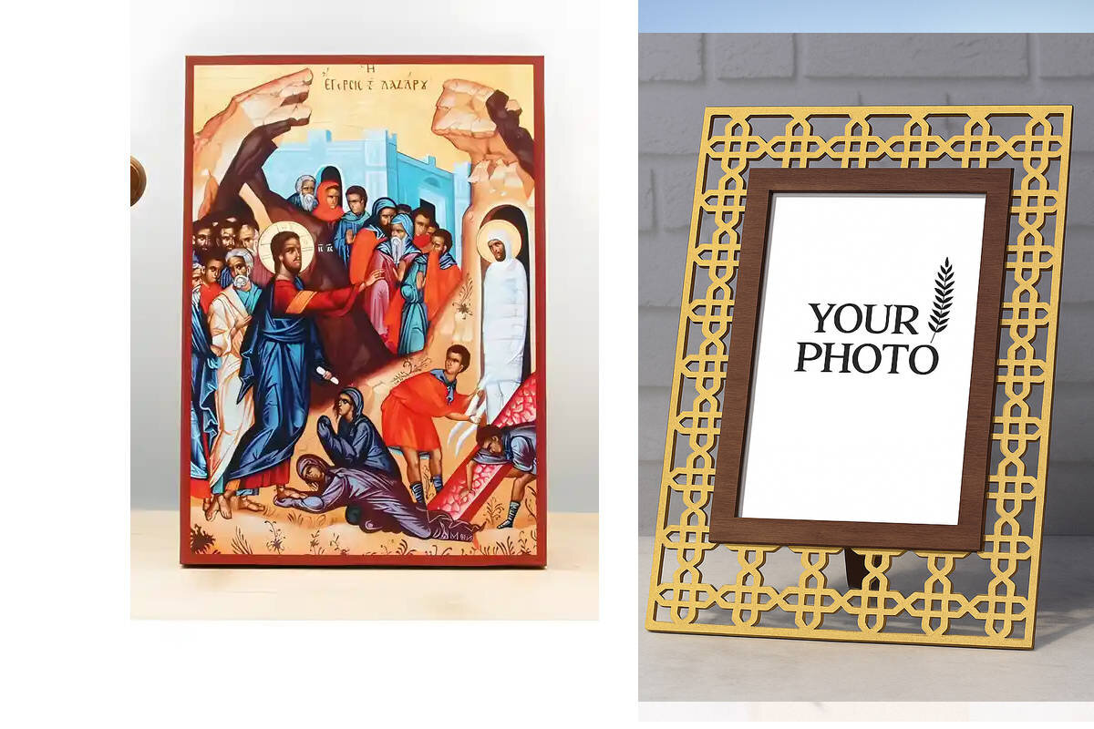 Εικόνα Ορθοδοξίας Πολυτελείας  με  σχεδιο Σταυρούς μαζι με  Βάση σε  8 χρώματα με περίγραμμα χρυσό σε ξύλο Plywood (Πλακάζ)   με  βάση Ο Ιησούς Χριστός Ανάσταση του Λαζάρου, Ξύλινη Χειροποίητη Εικόνα Ελληνικής Premium Βυζαντινού Στυλ τοίχου Κρεμασμένη σε ξύλινη πλάκα Ορθόδοξο θρησκευτικό θέμα Χειροποίητη Ελληνορθόδοξη εικόνα του Ιησού Χριστού, Κρεμαστή πλάκα βυζαντινής τέχνης, χριστιανική τέχνη Διάσταση 10x7 cm (3,9 x 2,8 ίντσες)  INTRAEK3kadro3211-10854