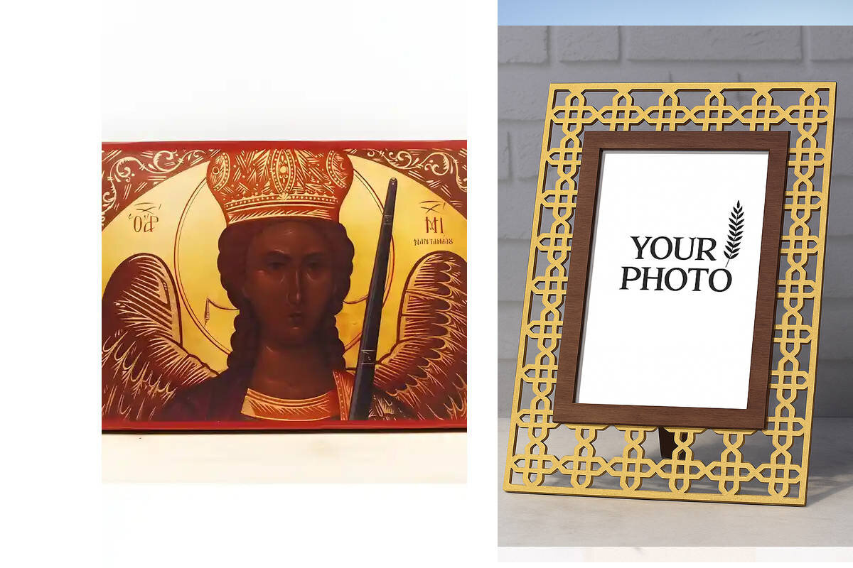 Εικόνα Ορθοδοξίας Πολυτελείας  με  σχεδιο Σταυρούς μαζι με  Βάση σε  8 χρώματα με περίγραμμα χρυσό σε ξύλο Plywood (Πλακάζ)   με  βάση Αρχάγγελος Μιχαήλ του Μανταμαδόνα, Ξύλινη Χειροποίητη Εικόνα Ελληνικού Premium Βυζαντινού Στυλ Κρεμασμένο σε ξύλινη πλάκα Θρησκευτικό θέμα Χειροποίητη Ελληνορθόδοξη εικόνα του Ιησού Χριστού, Κρεμαστή πλάκα βυζαντινής τέχνης, χριστιανική τέχνη Διάσταση 10x7 cm (3,9 x 2,8 ίντσες)  INTRAEK3kadro3211-10847